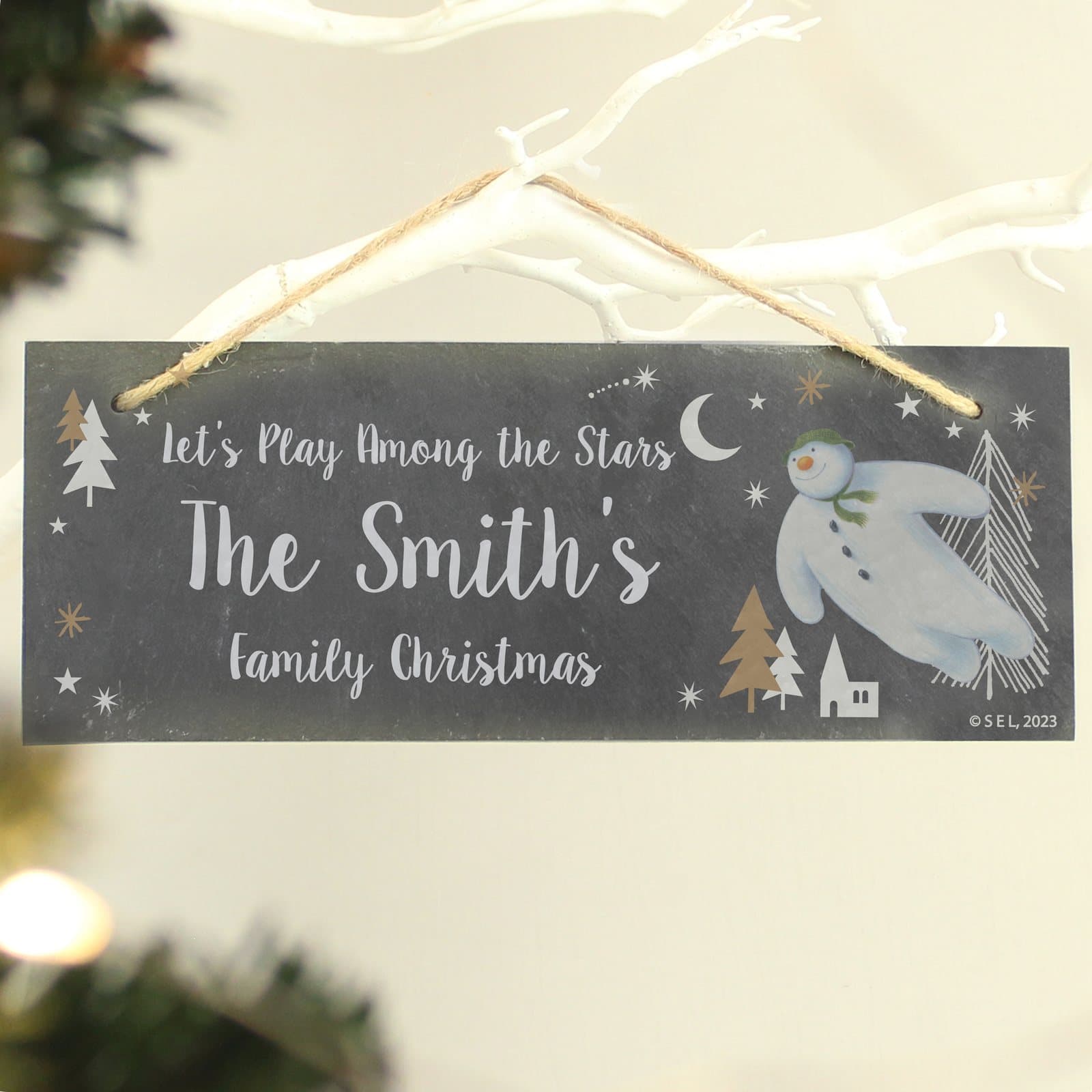 Slate hanging plaque with The Snowman design and three lines of text