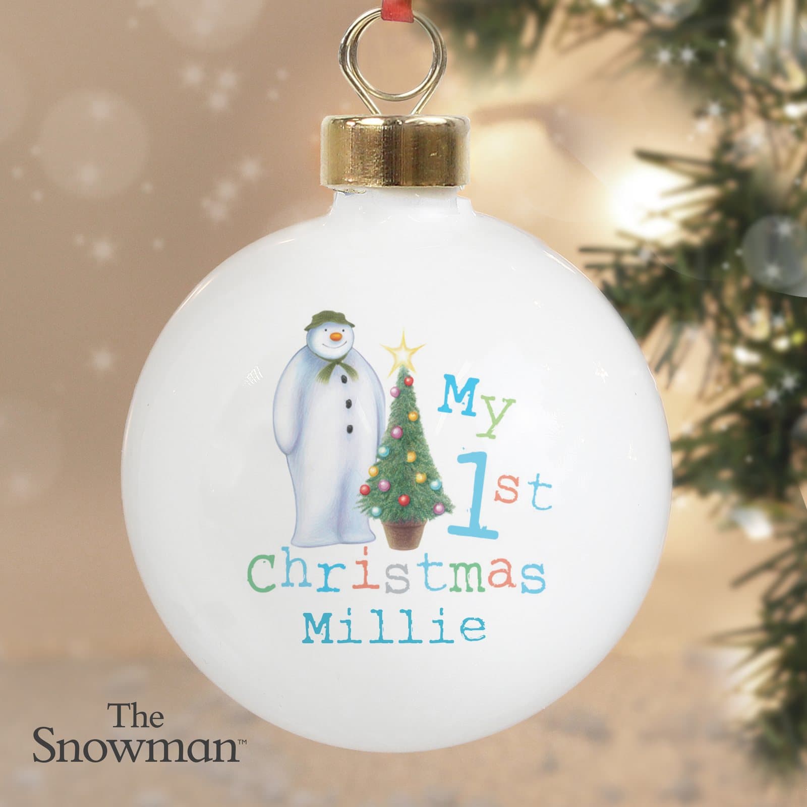 The Snowman My 1st Christmas bauble with a ribbon