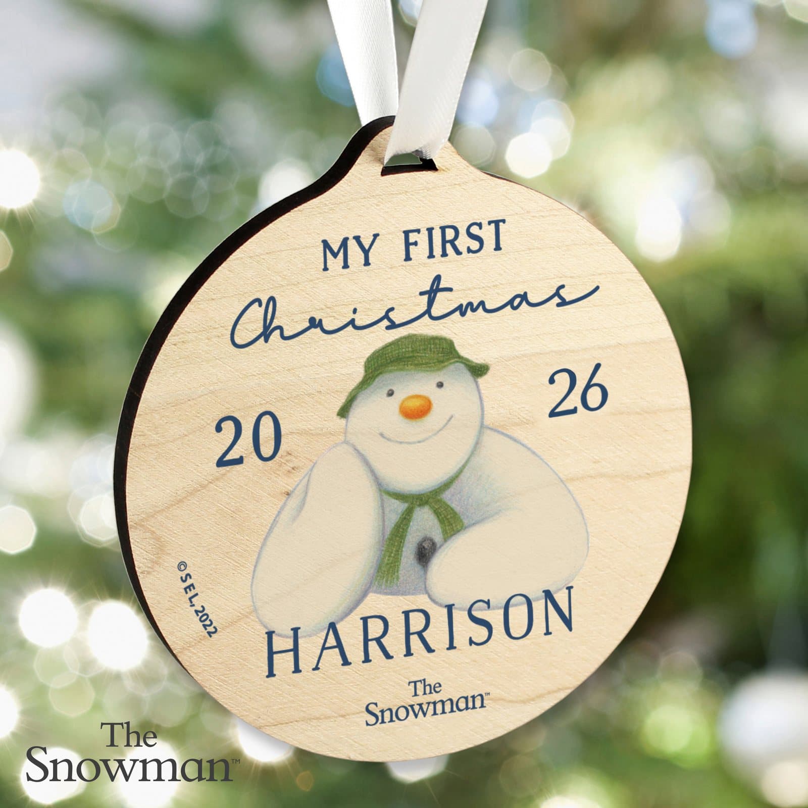Round wooden The Snowman My First Christmas decoration with ribbon