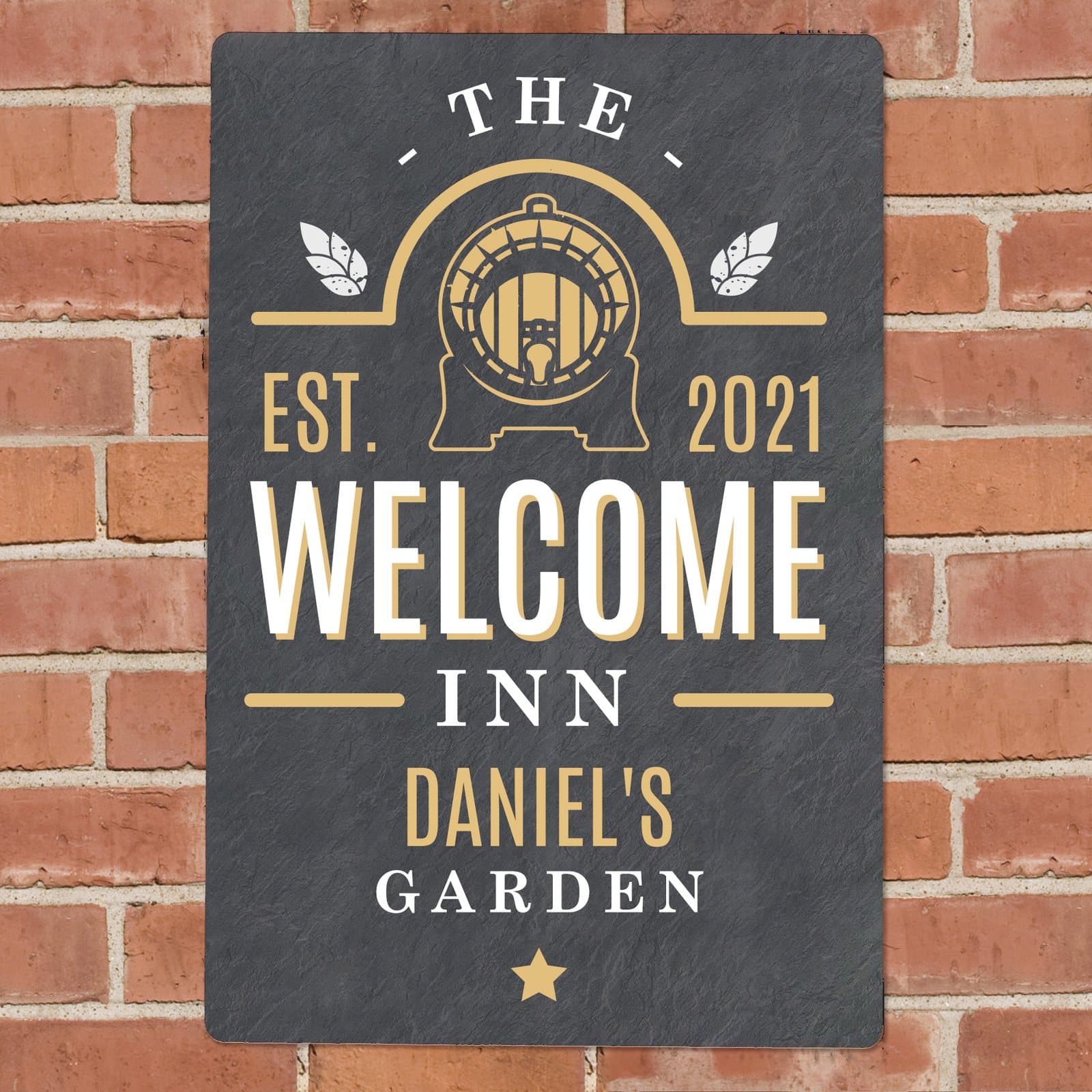 Metal sign reading The Welcome Inn with EST. and a year