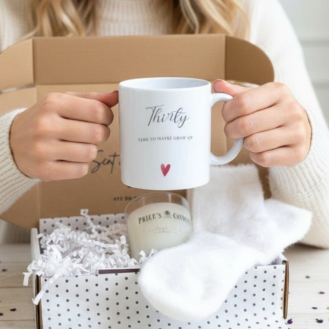Personalised 30th birthday mug, socks, scented candle and matches in a gift hamper