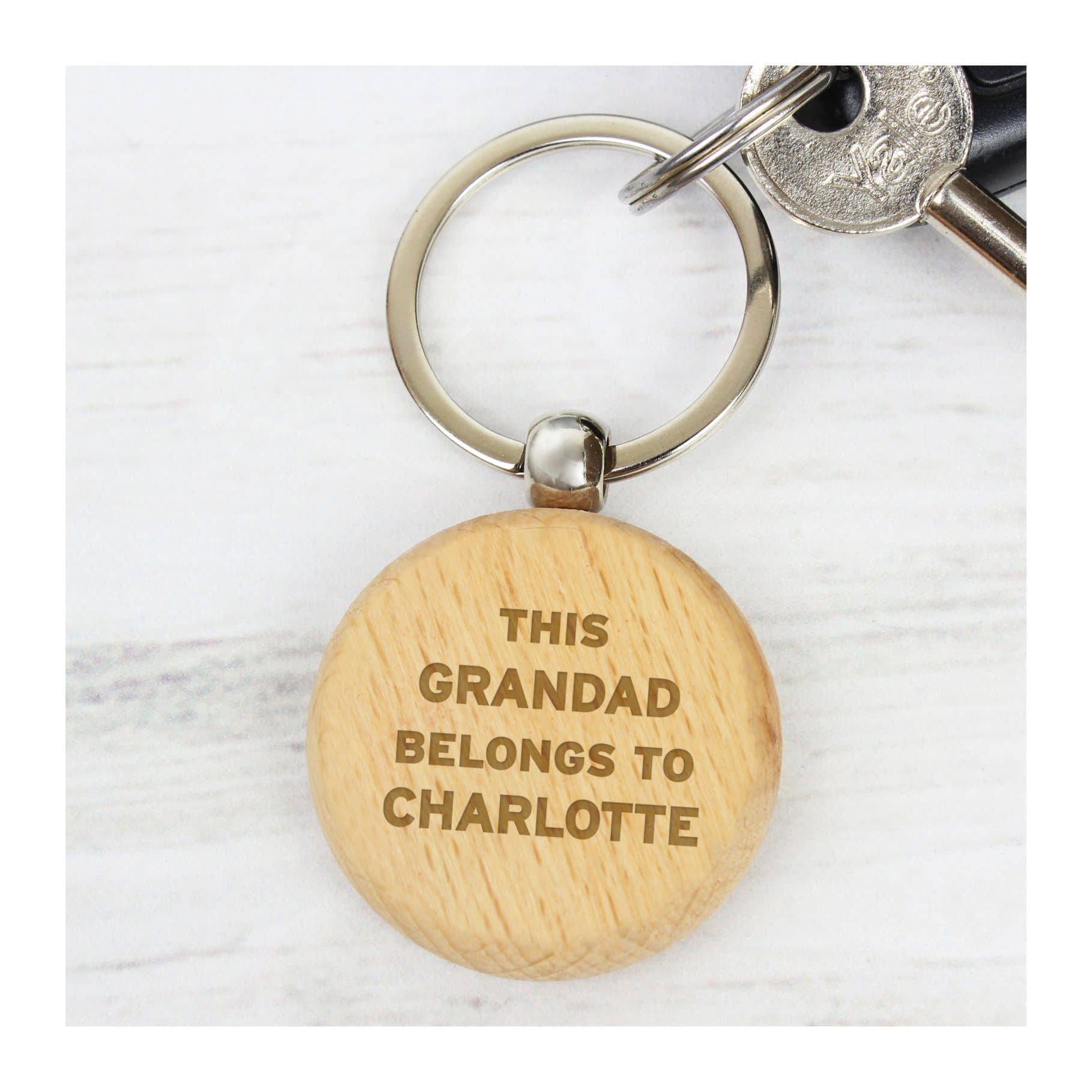 Wooden keyring personalised with a name or role and a From line