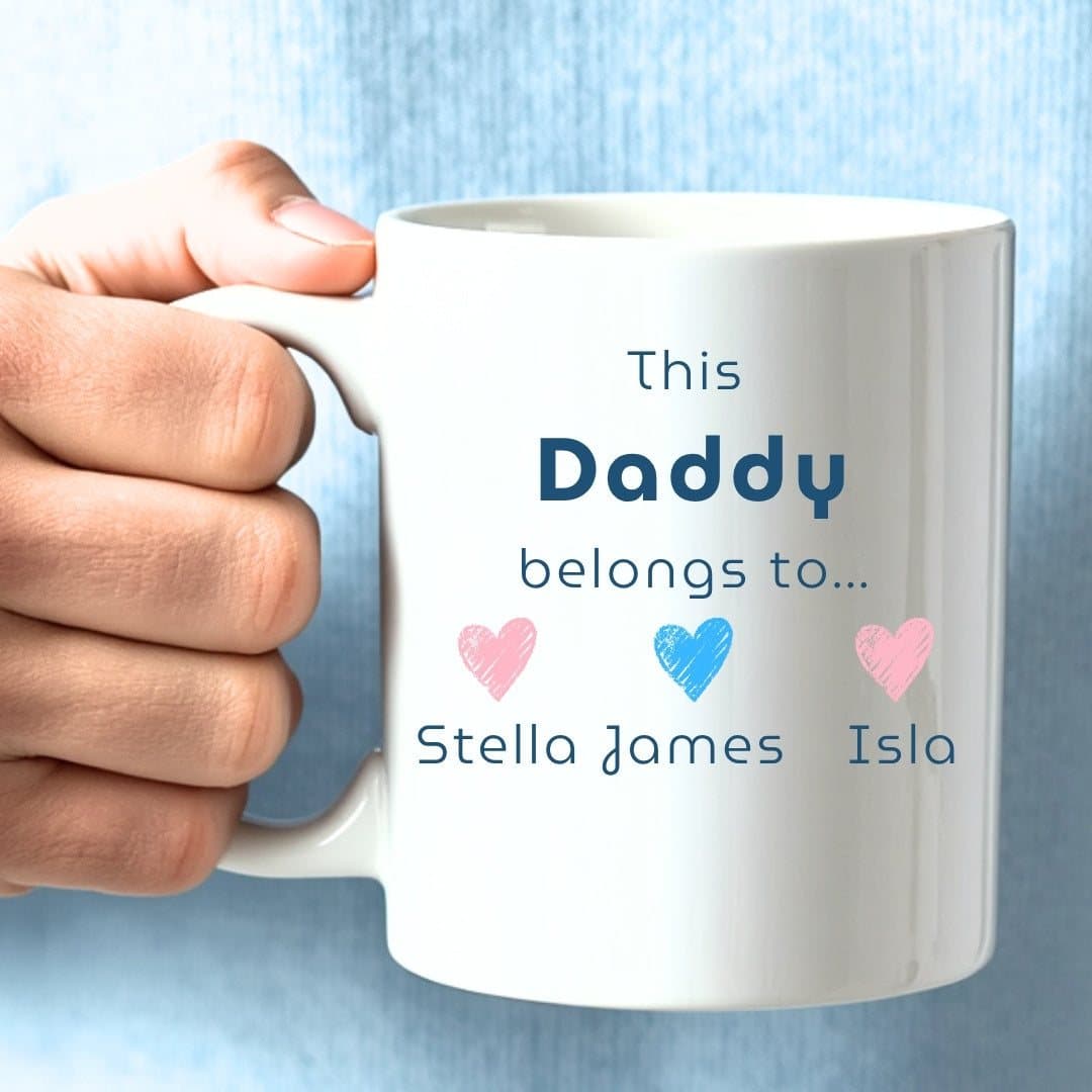 Ceramic mug with a special Dad design, personalised with names