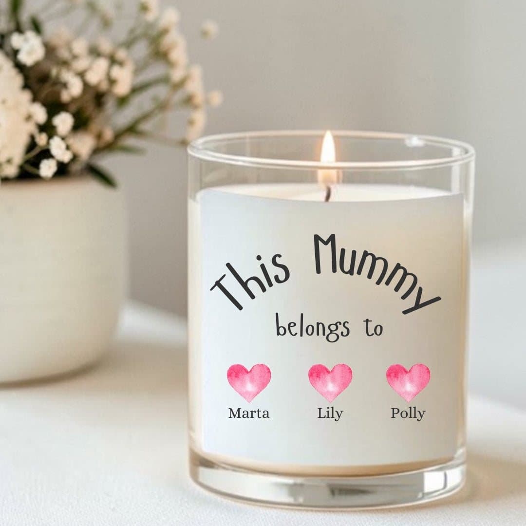 Personalised scented candle for mum, with milk chocolate hearts and a box of matches