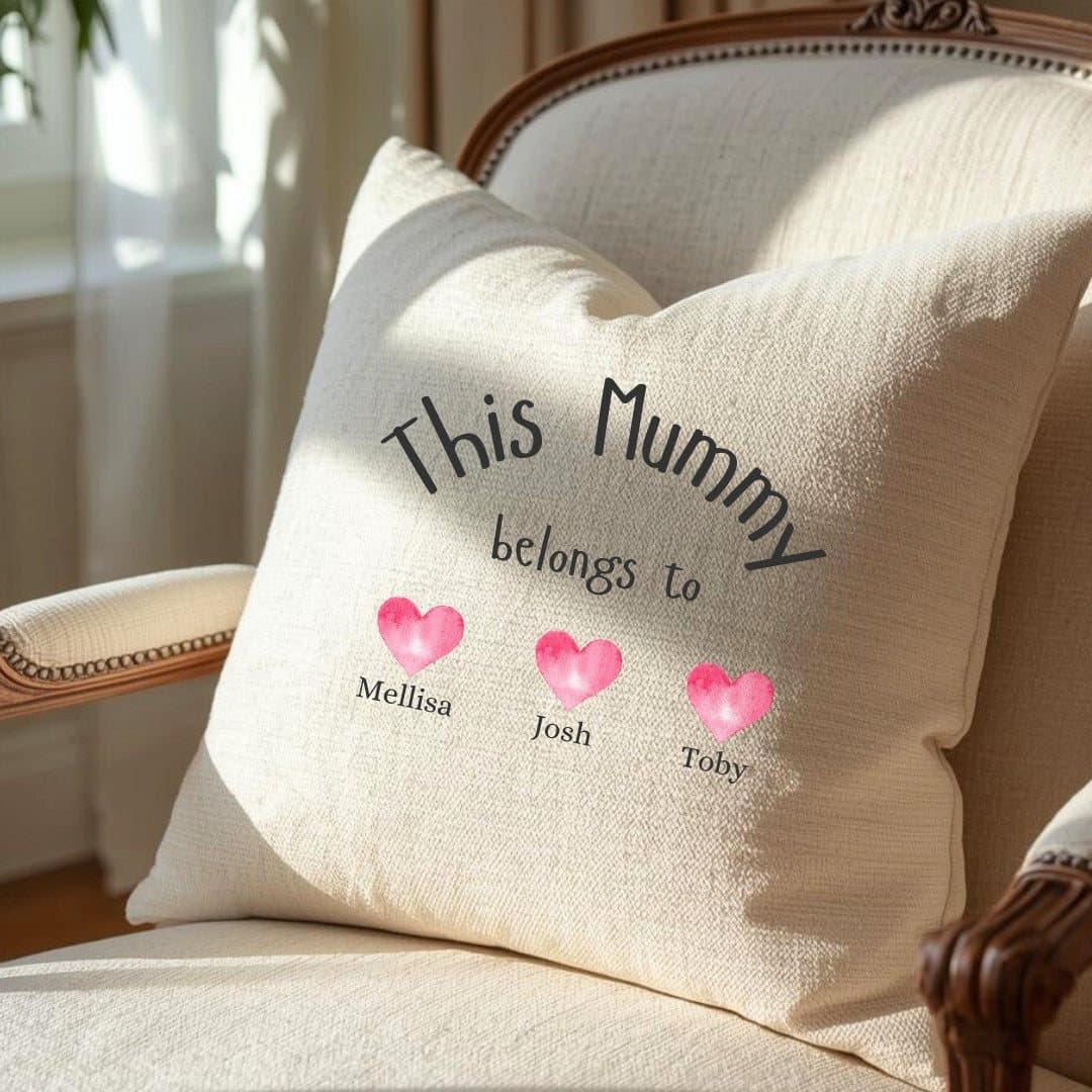 Linen-look personalised cushion with a 'This Mum Belongs To' design and space for names