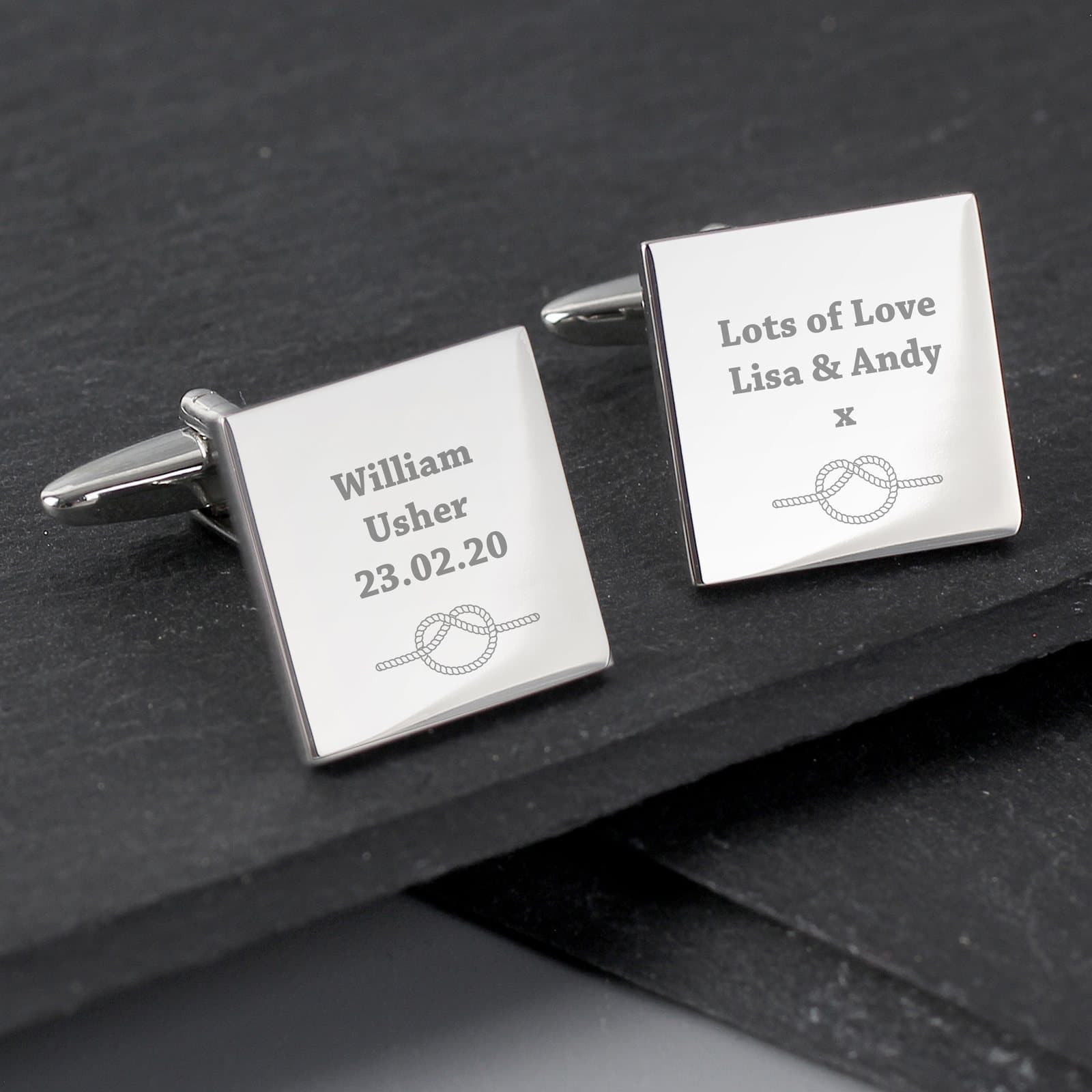 Square Tie the Knot cufflinks with a black gift box