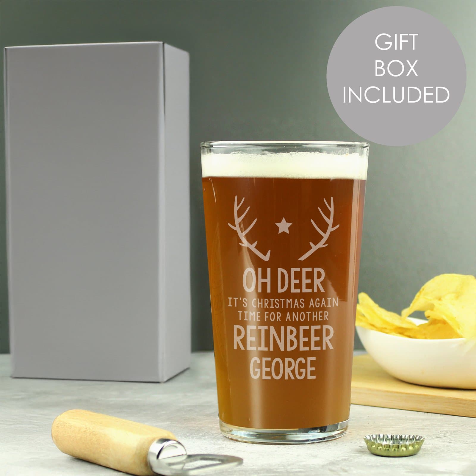 Personalised Reinbeer pint glass with Christmas wording and a name