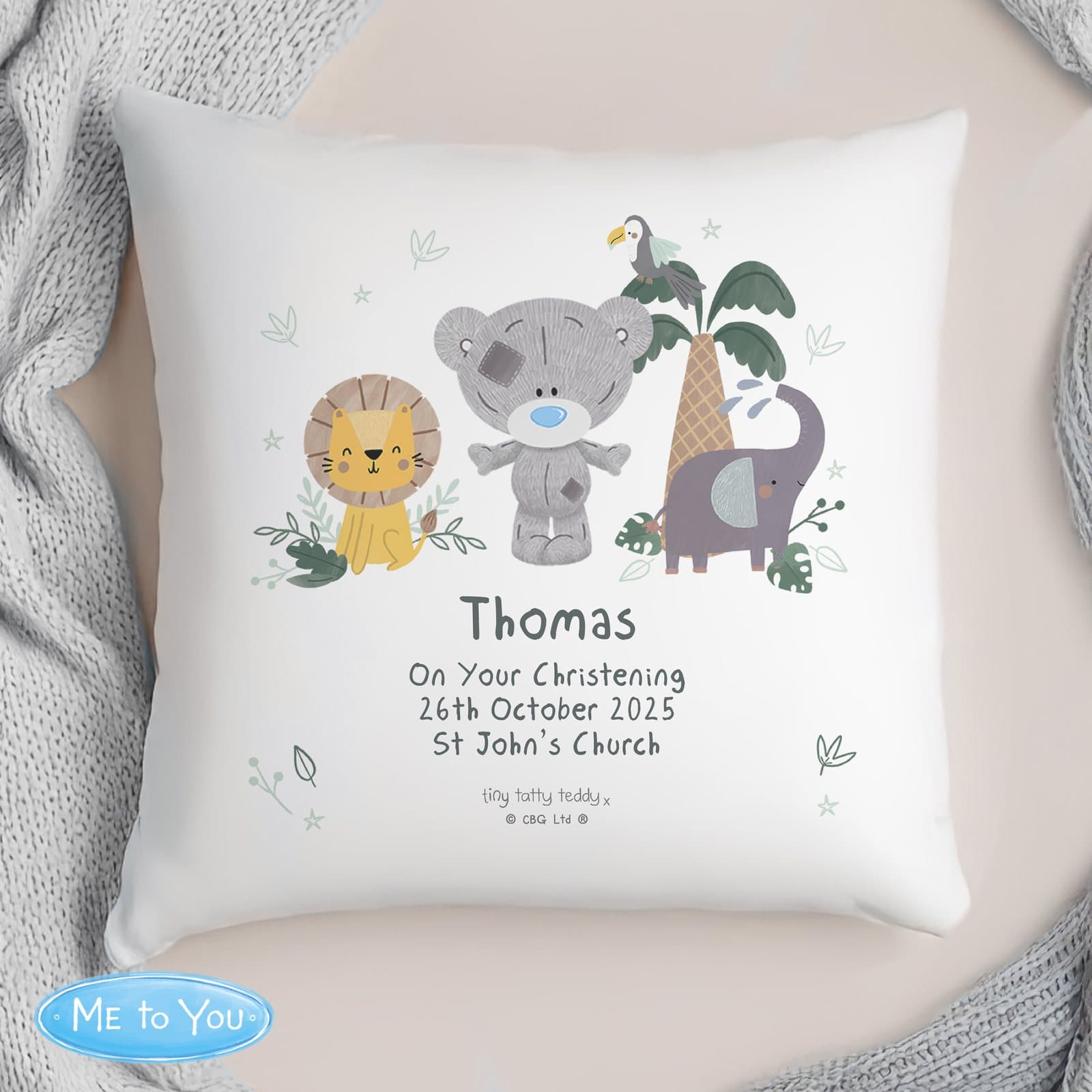 Tiny Tatty Teddy jungle animals cushion personalised with four lines of text