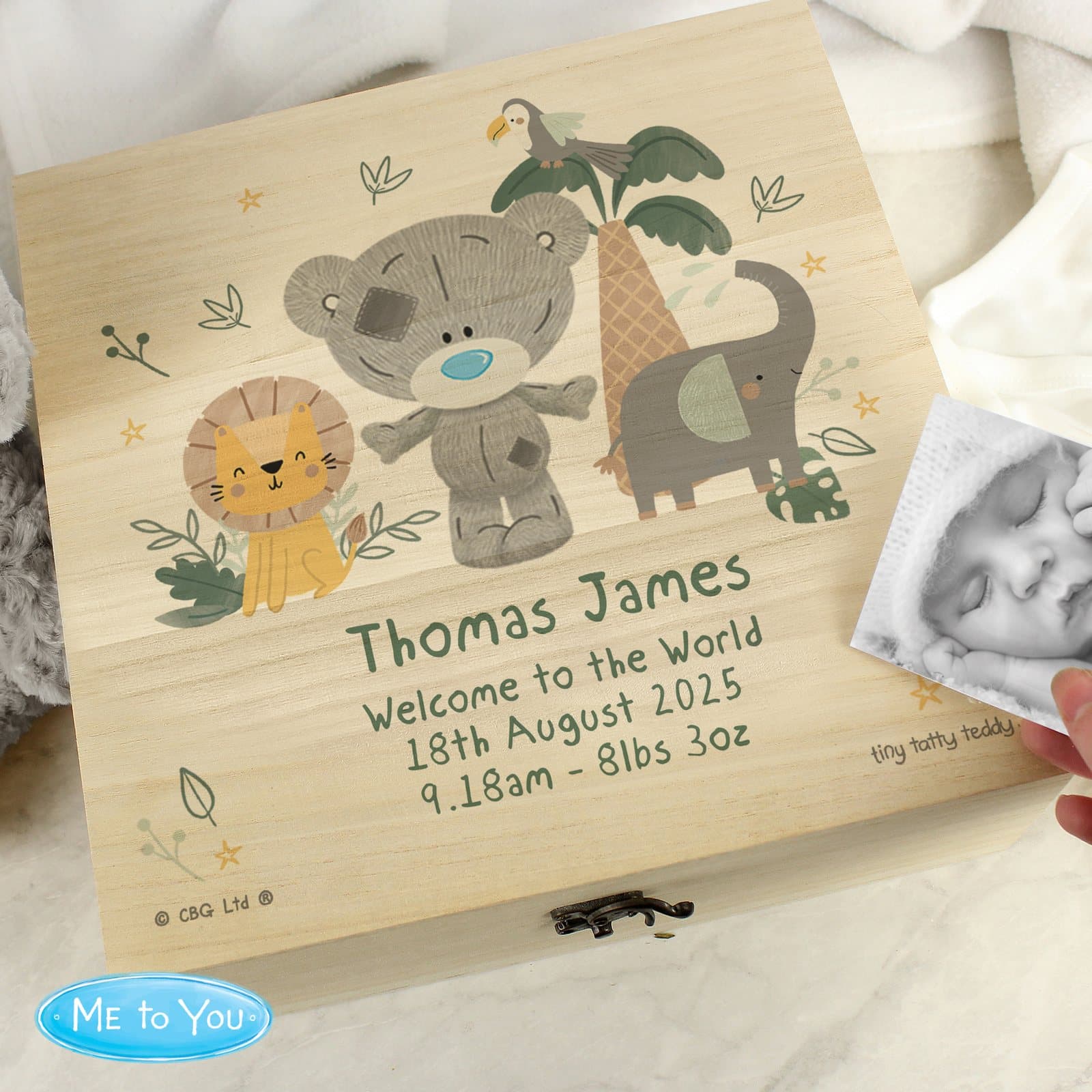 Wooden Tiny Tatty Teddy keepsake box with a personalised message
