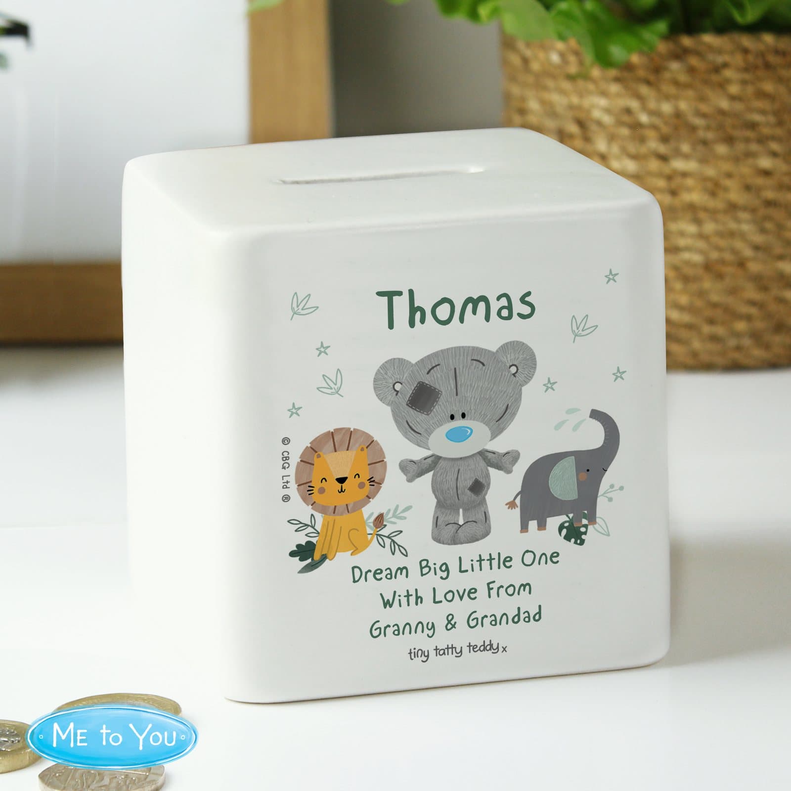 Ceramic Tiny Tatty Teddy jungle animals money box personalised on the front