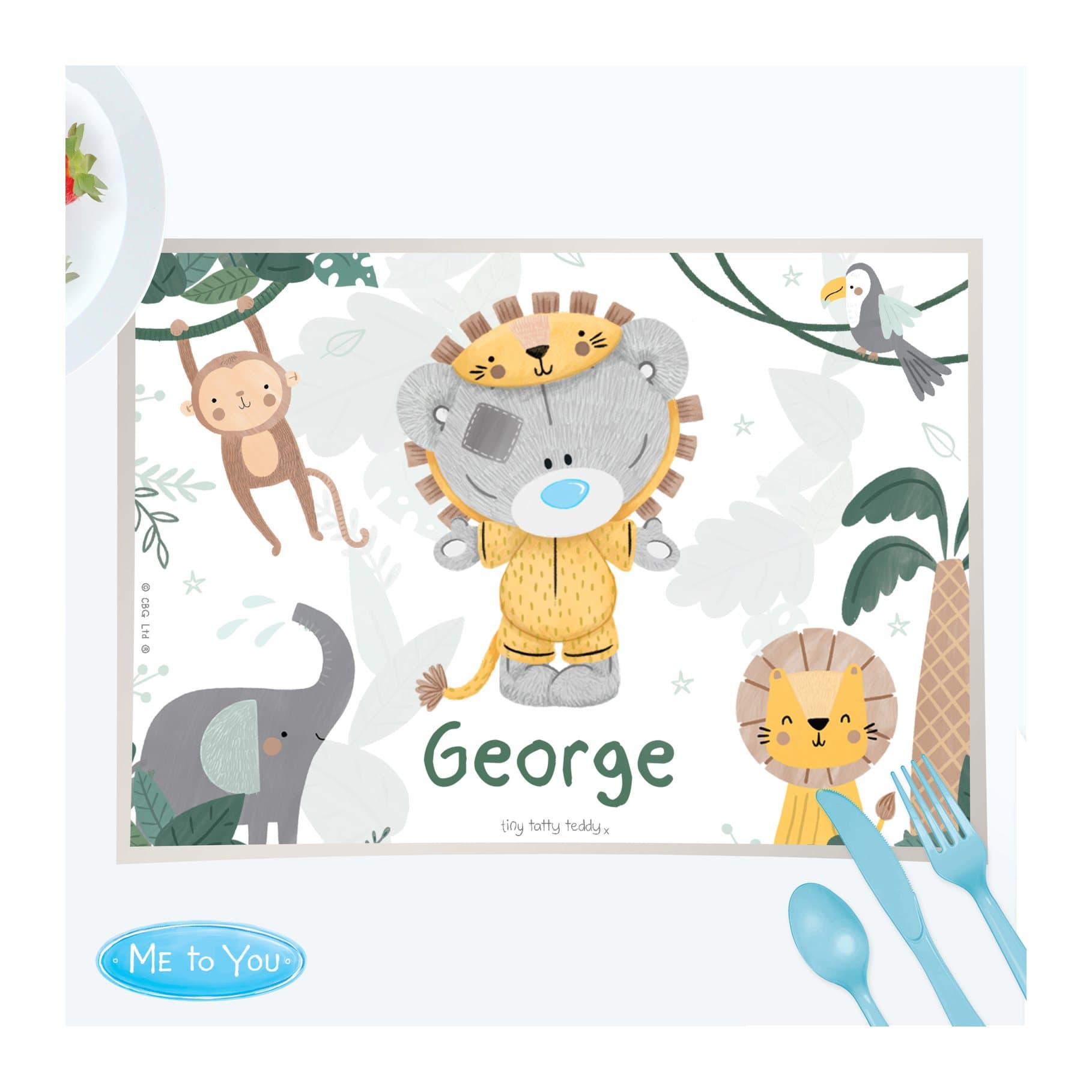 Tiny Tatty Teddy jungle animals placemat, fully laminated, with a child's name