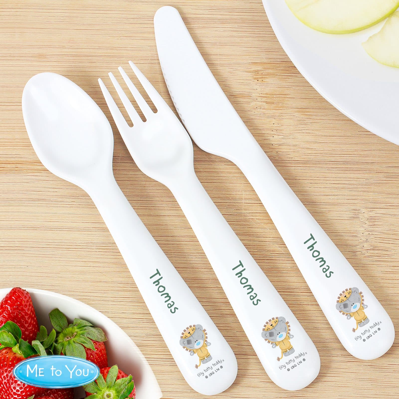 Three piece plastic cutlery set with a Tiny Tatty Teddy Wild One design