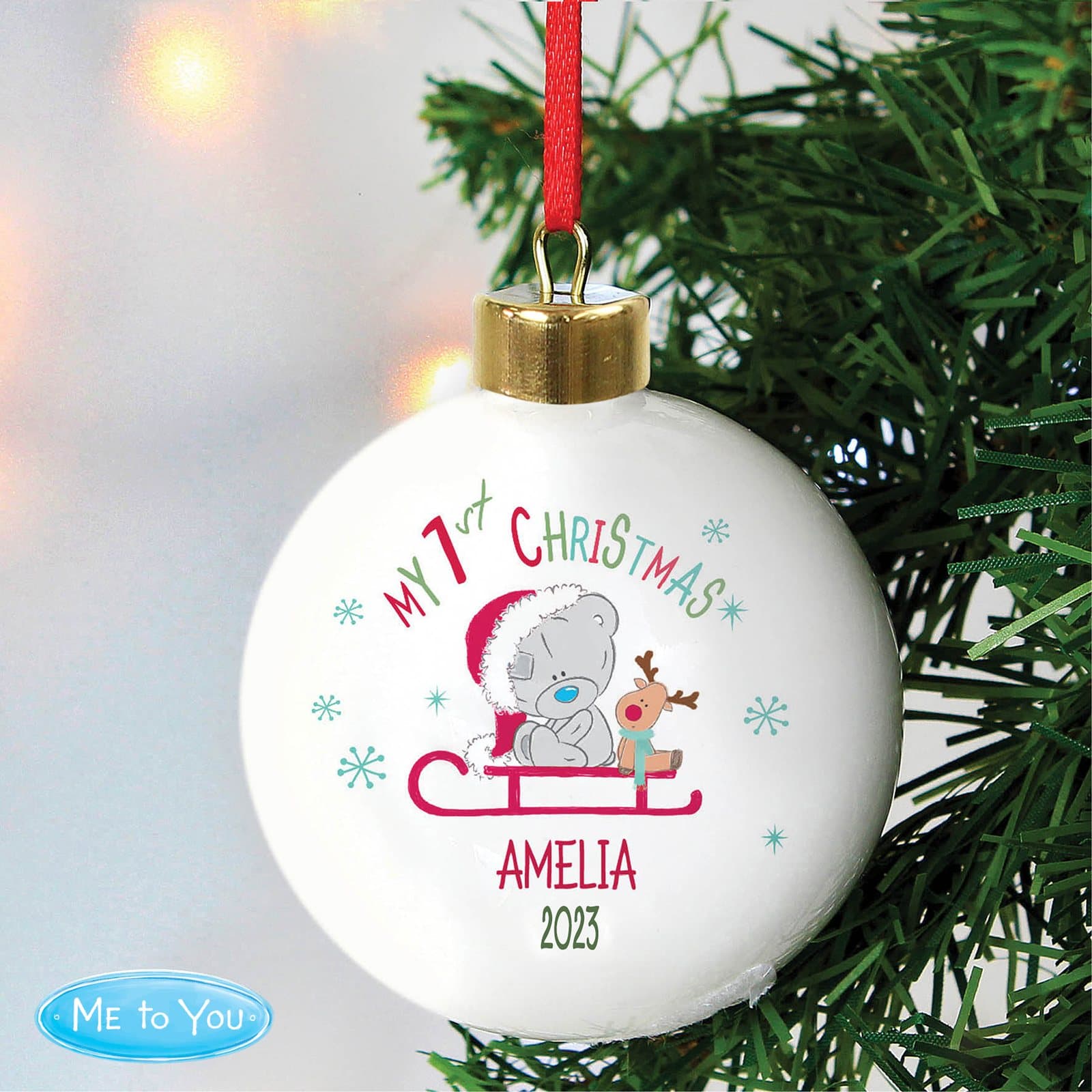 Tiny Tatty Teddy My 1st Christmas sleigh bauble with a ribbon