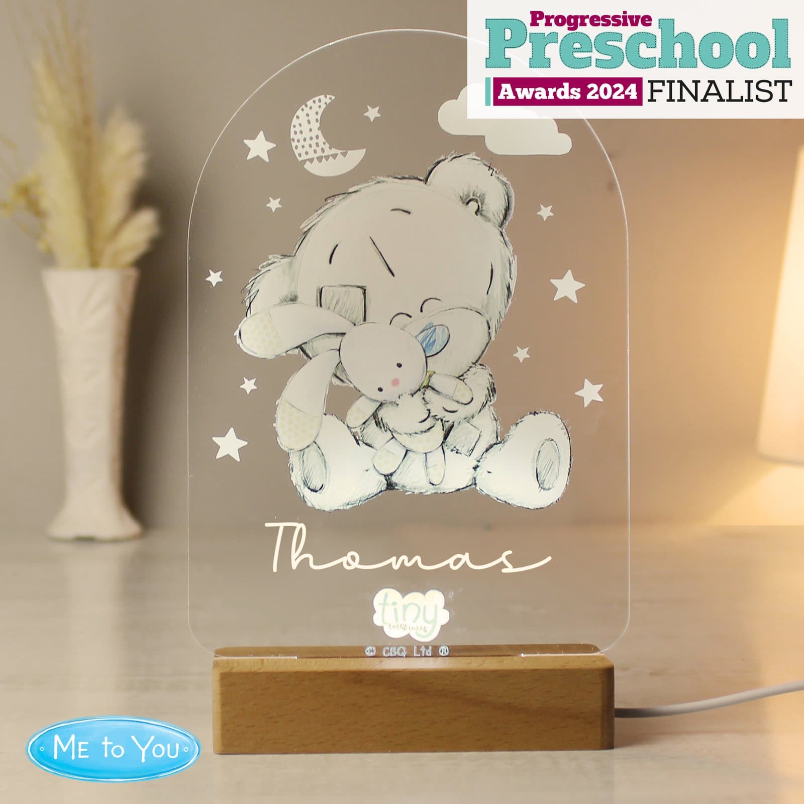 Tiny Tatty Teddy LED light sign on a wooden base
