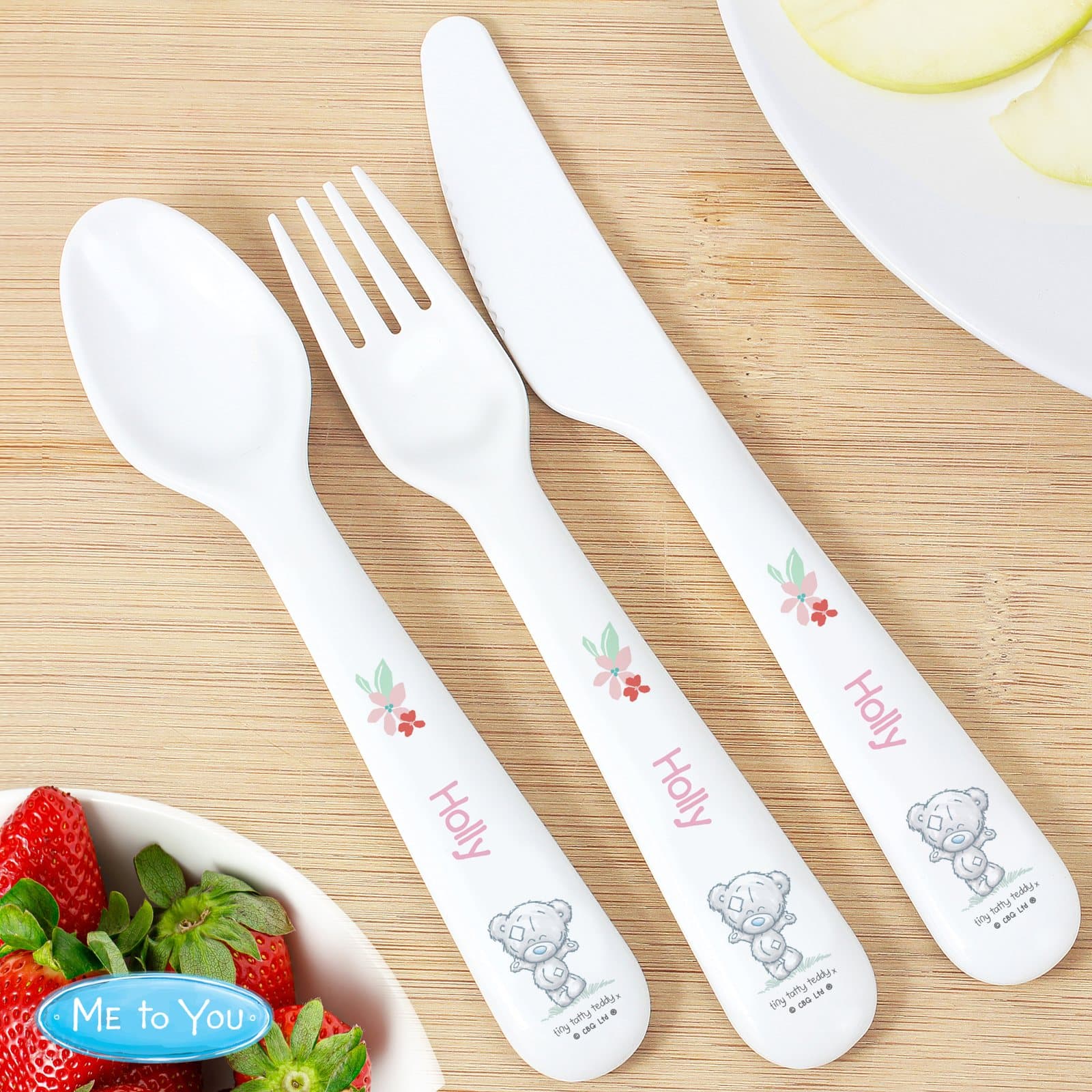 Three piece plastic cutlery set with a Tiny Tatty Teddy Little Bud design