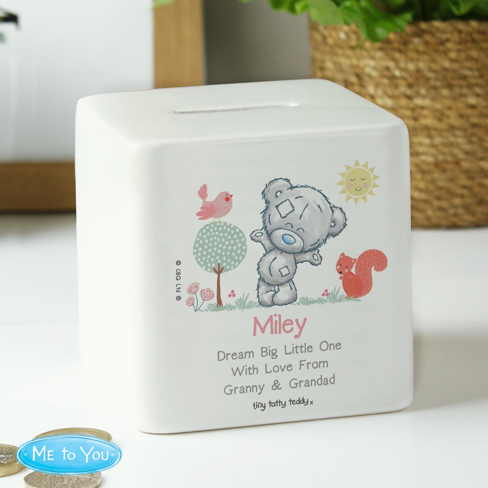 Ceramic Tiny Tatty Teddy Little Bud woodland animal money box personalised on the front