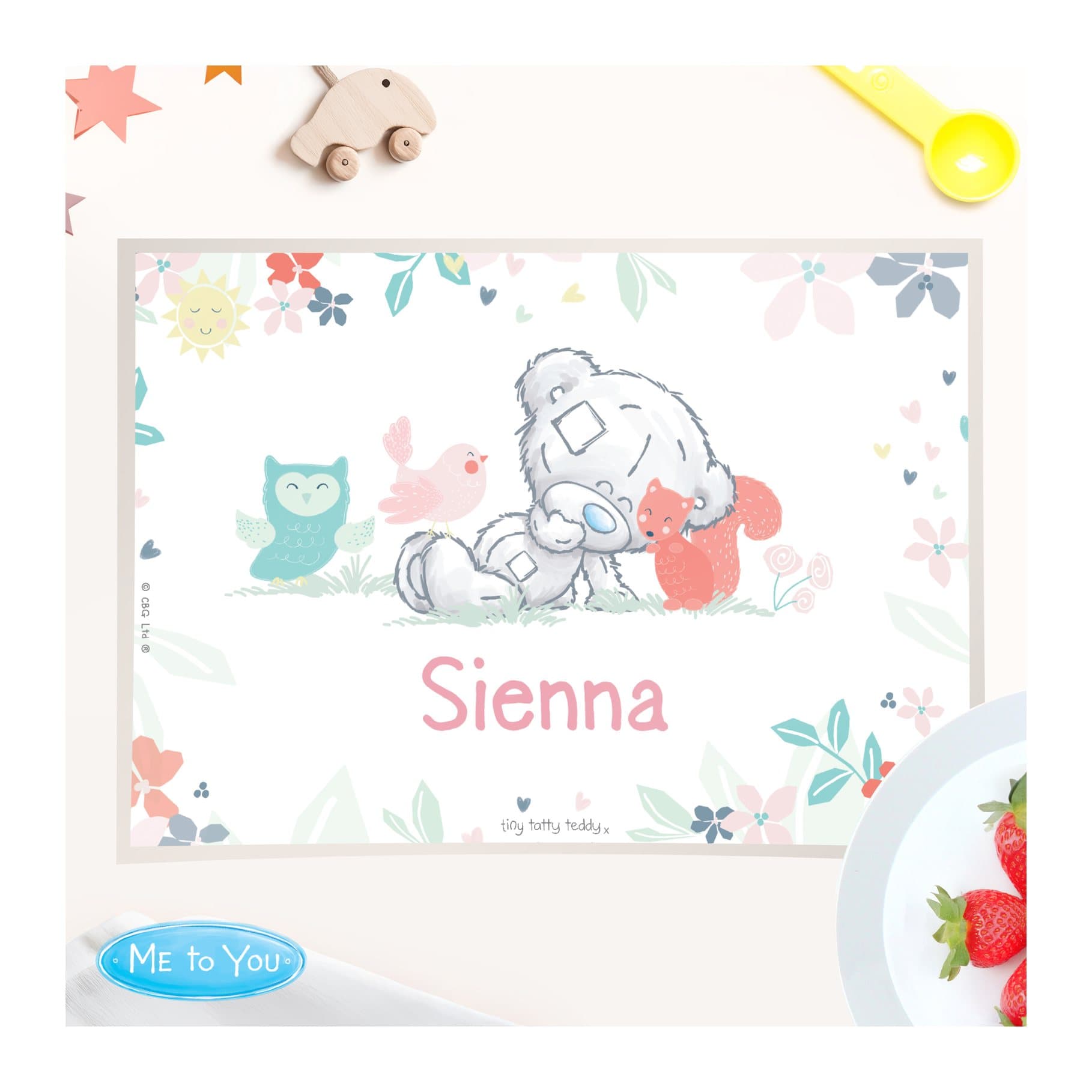 Tiny Tatty Teddy woodland animal placemat, fully laminated, with a child's name