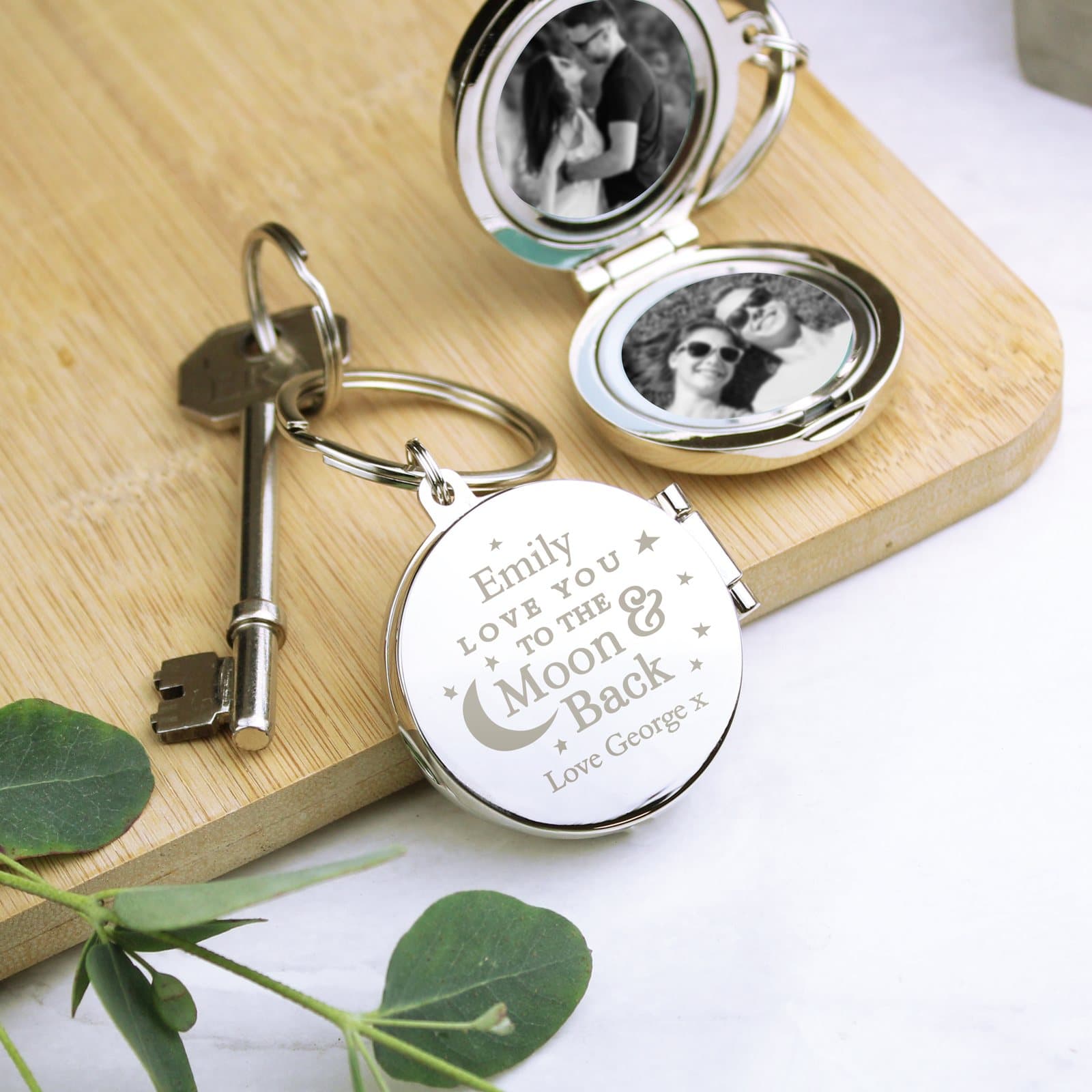 Silver-finish photo keyring with the words Love You To The Moon & Back