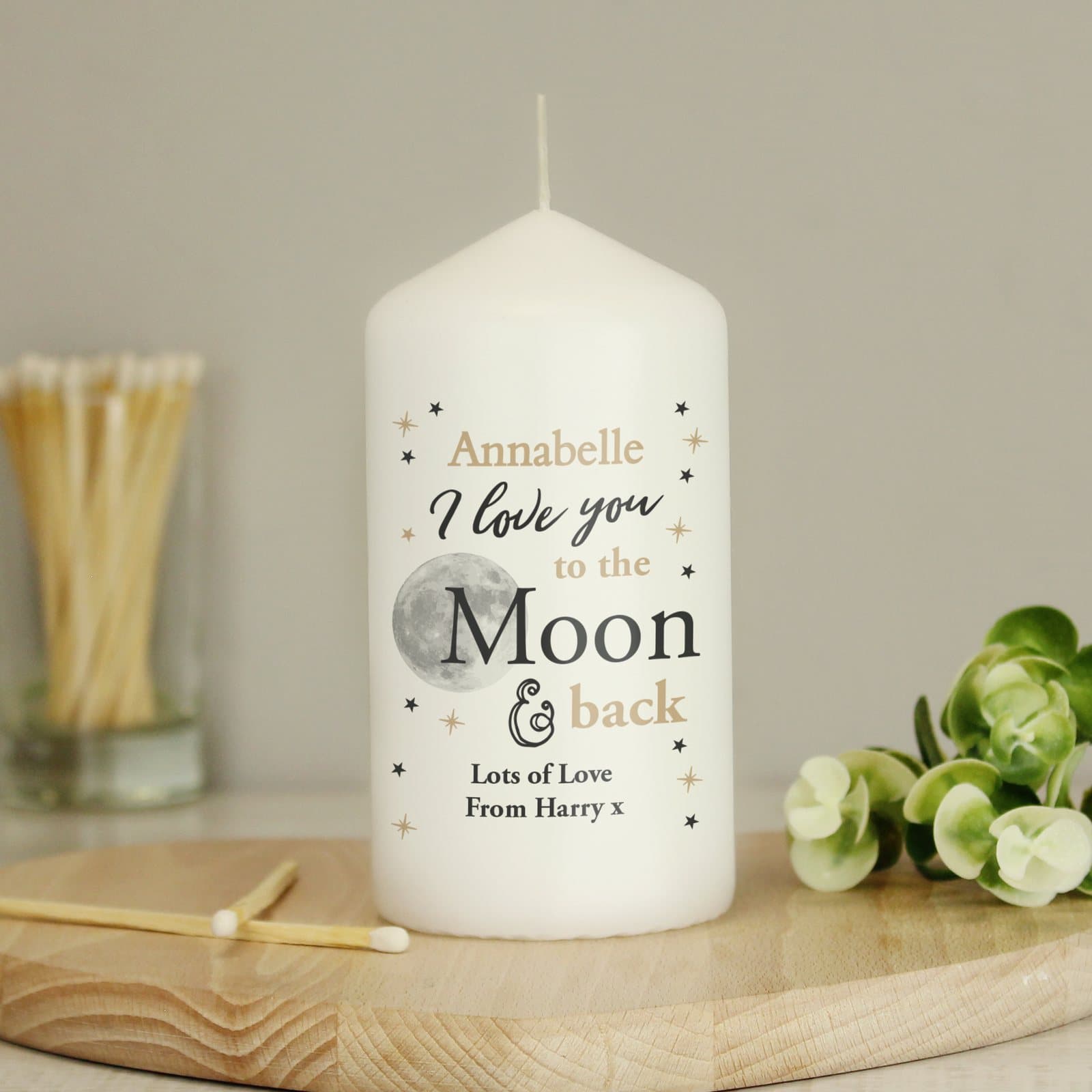 Personalised To the Moon and Back pillar candle in an organza bag
