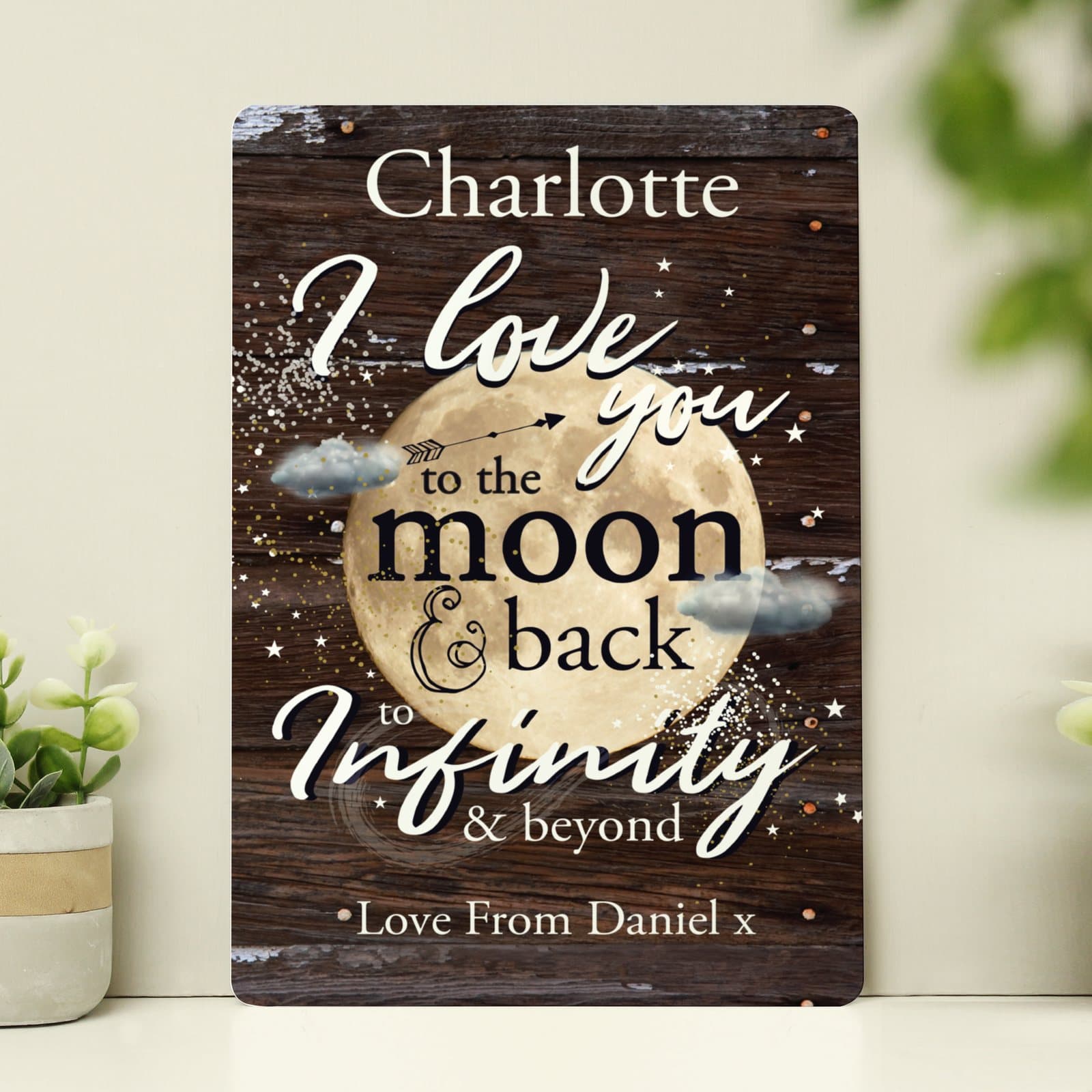 Aluminium To the Moon & Back sign with a name and a line of text