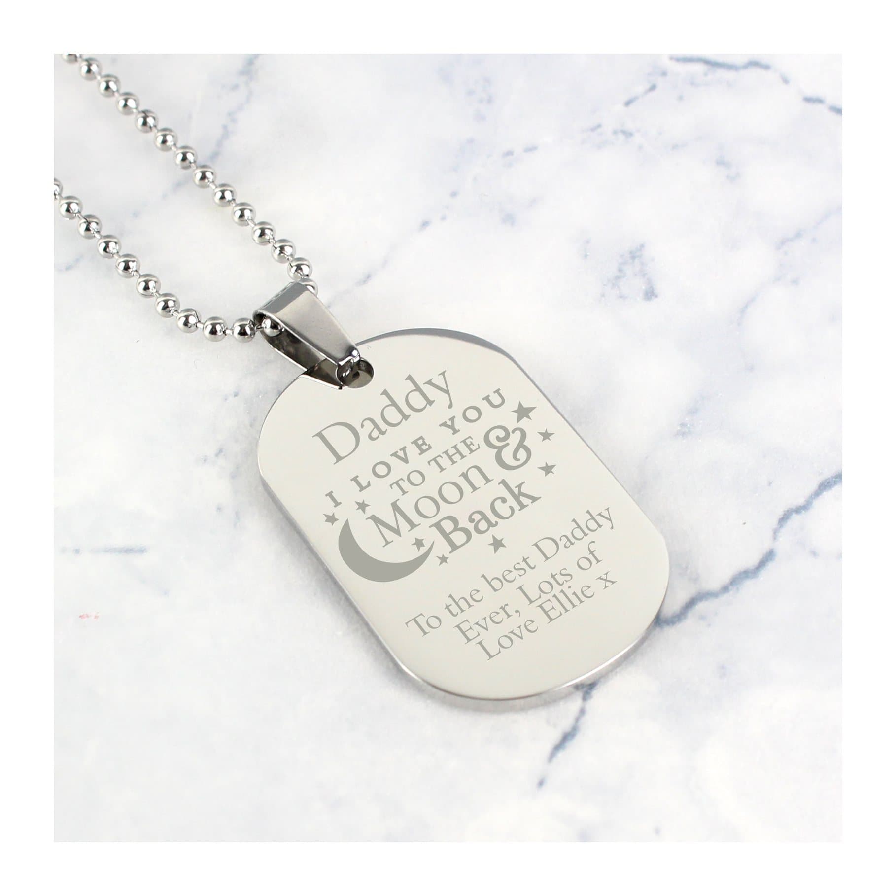 Stainless steel dog tag necklace with to the moon and back wording