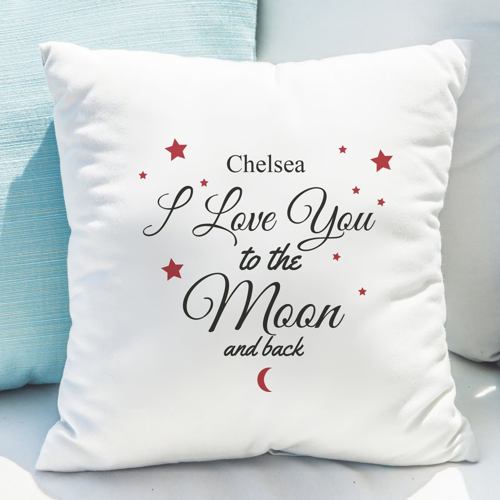 White To The Moon & Back cushion personalised with a name