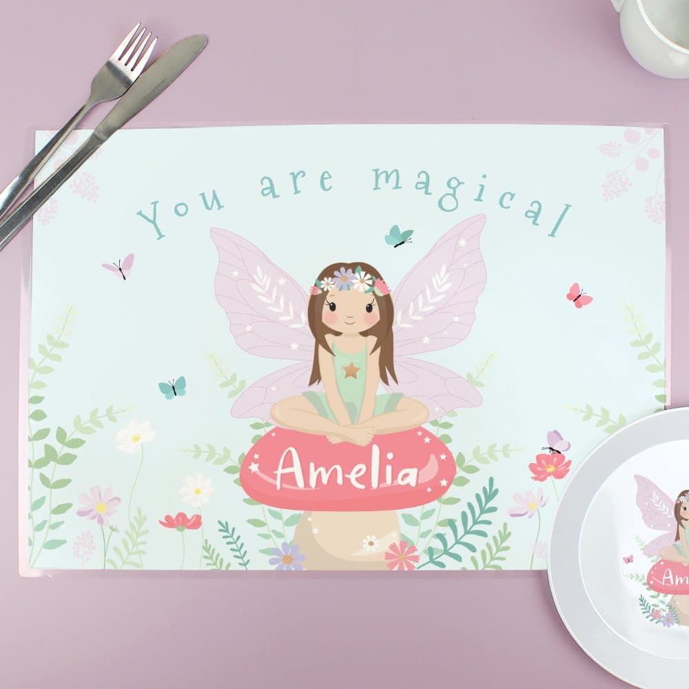 Laminated toadstool fairy placemat with a child's name and the words You are magical