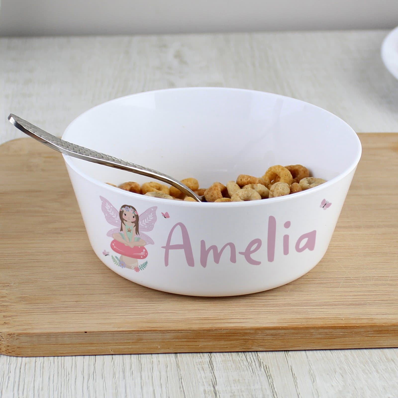 Plastic toadstool fairy bowl personalised with a name