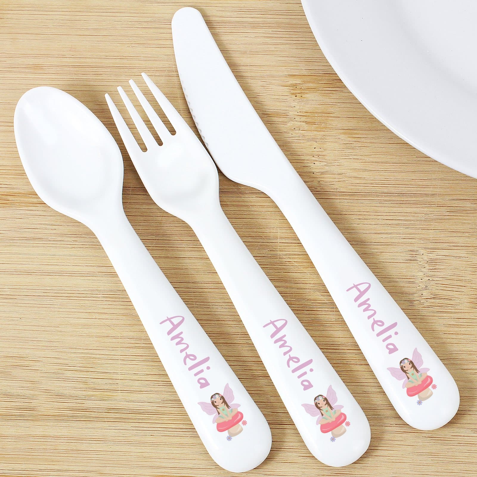 Three piece toadstool fairy plastic cutlery set personalised with a name