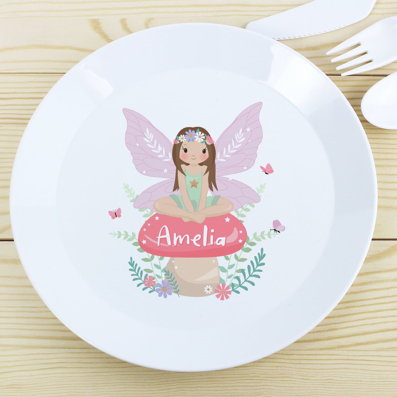 Plastic toadstool fairy plate personalised with a name