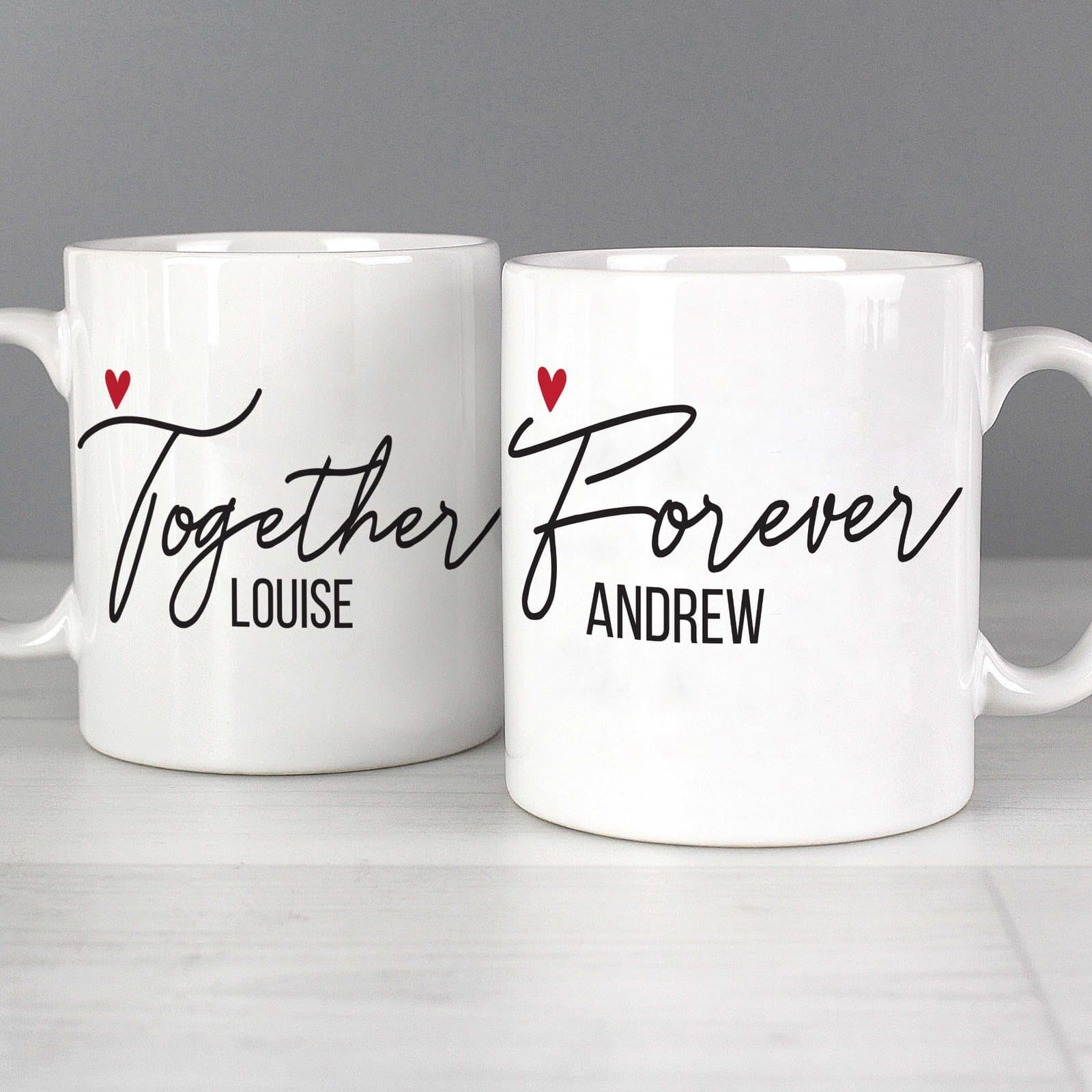 Personalised Together Forever ceramic mug set with a name on each mug