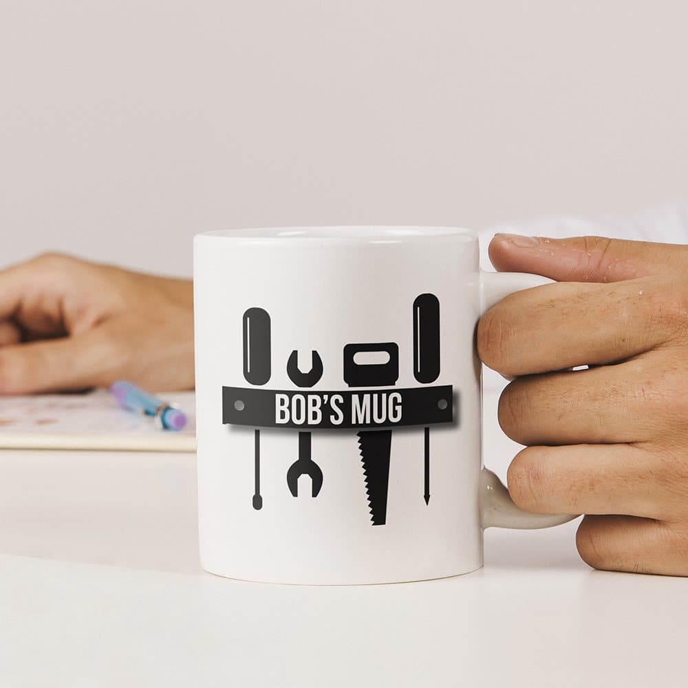 Personalised tool bench ceramic mug with a name and 's Mug text