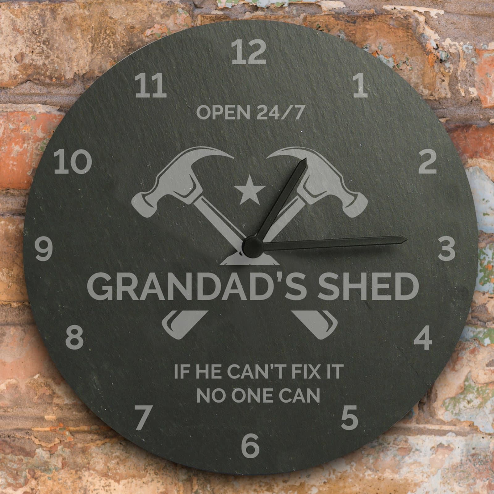 Rustic slate clock with Open 24/7 text and personalised lines