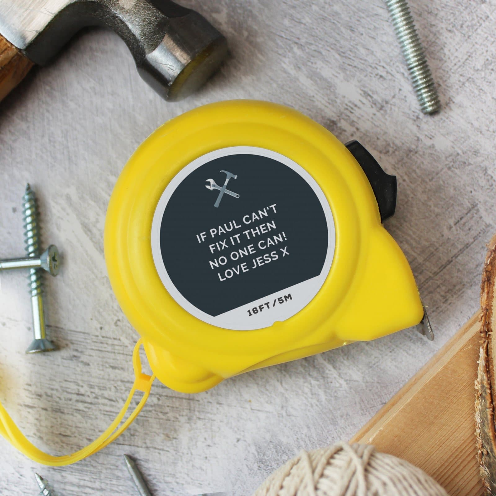 Personalised tools tape measure with four lines of text