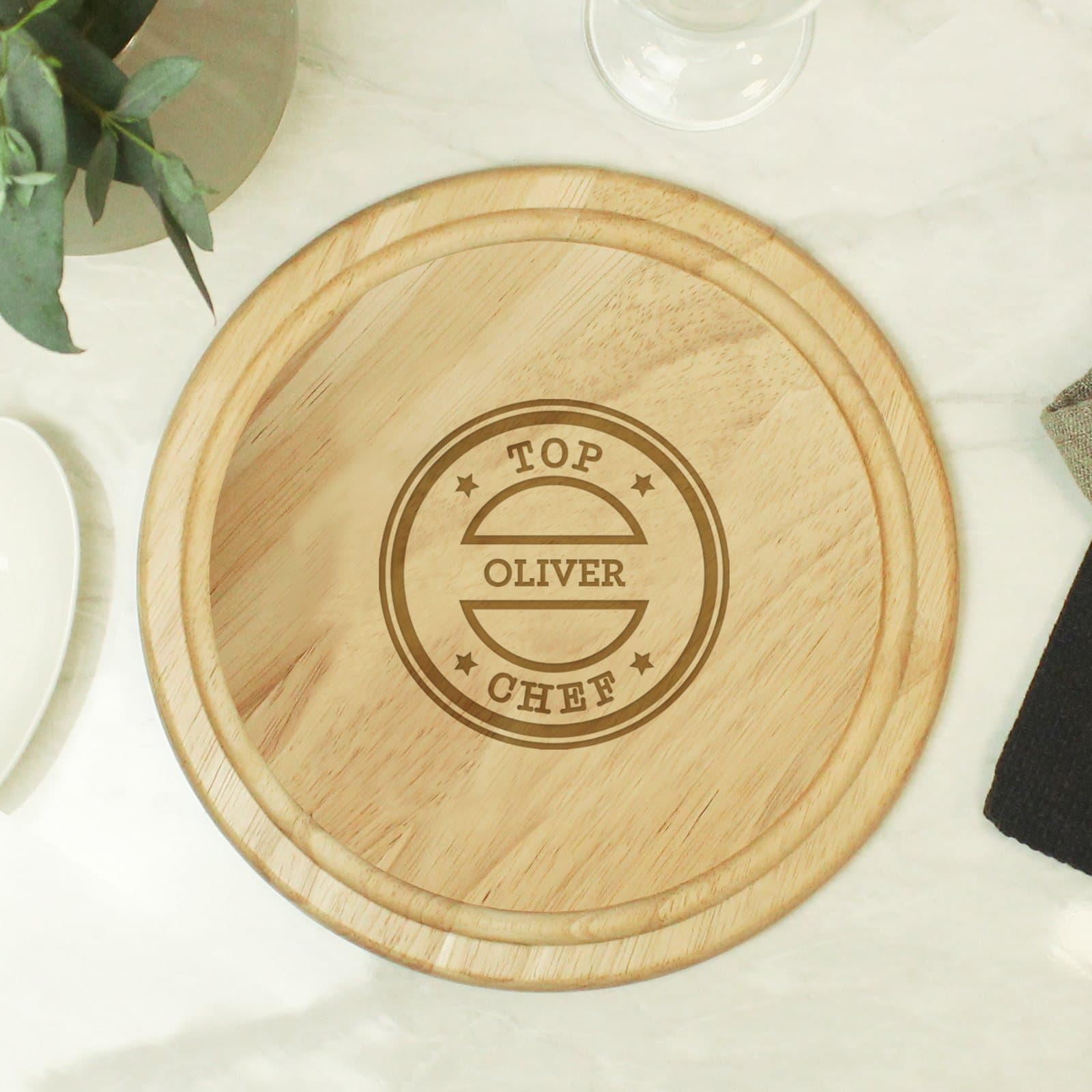 Natural wood Top Chef chopping board engraved with a name