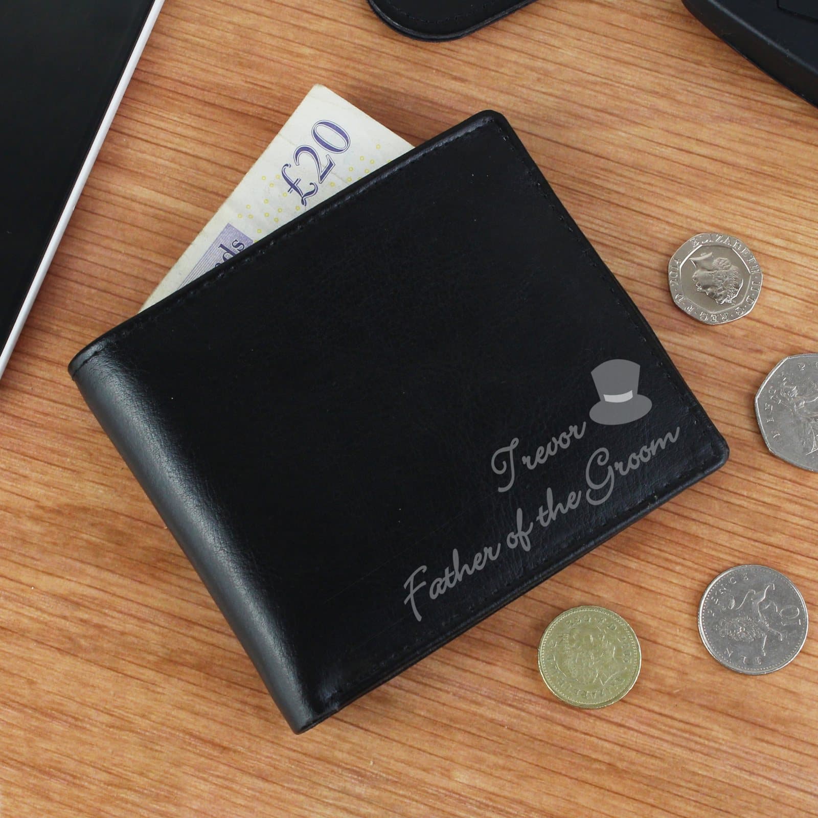 Personalised top hat leather wallet with a name and wedding role