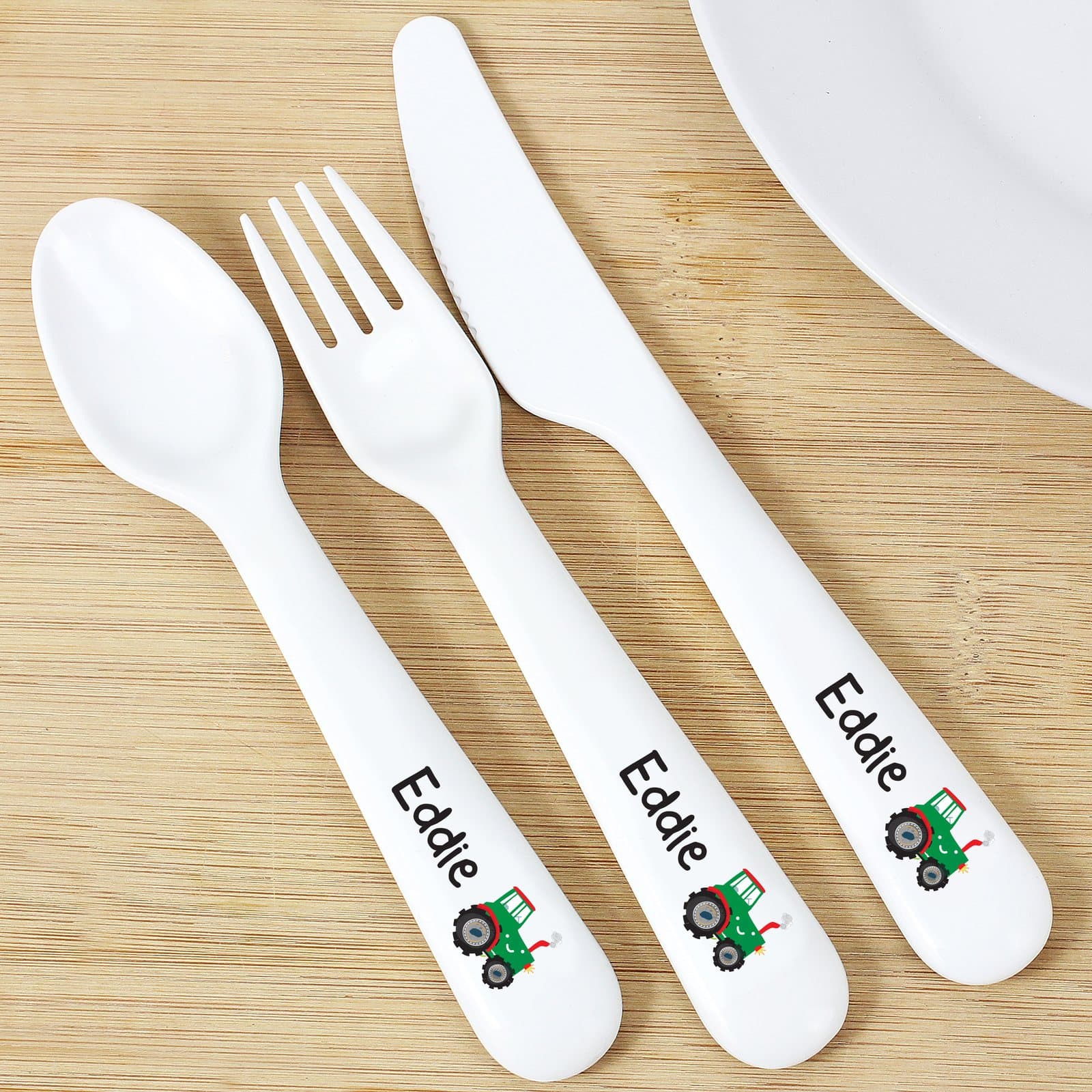 Three piece tractor design plastic cutlery set personalised with a name