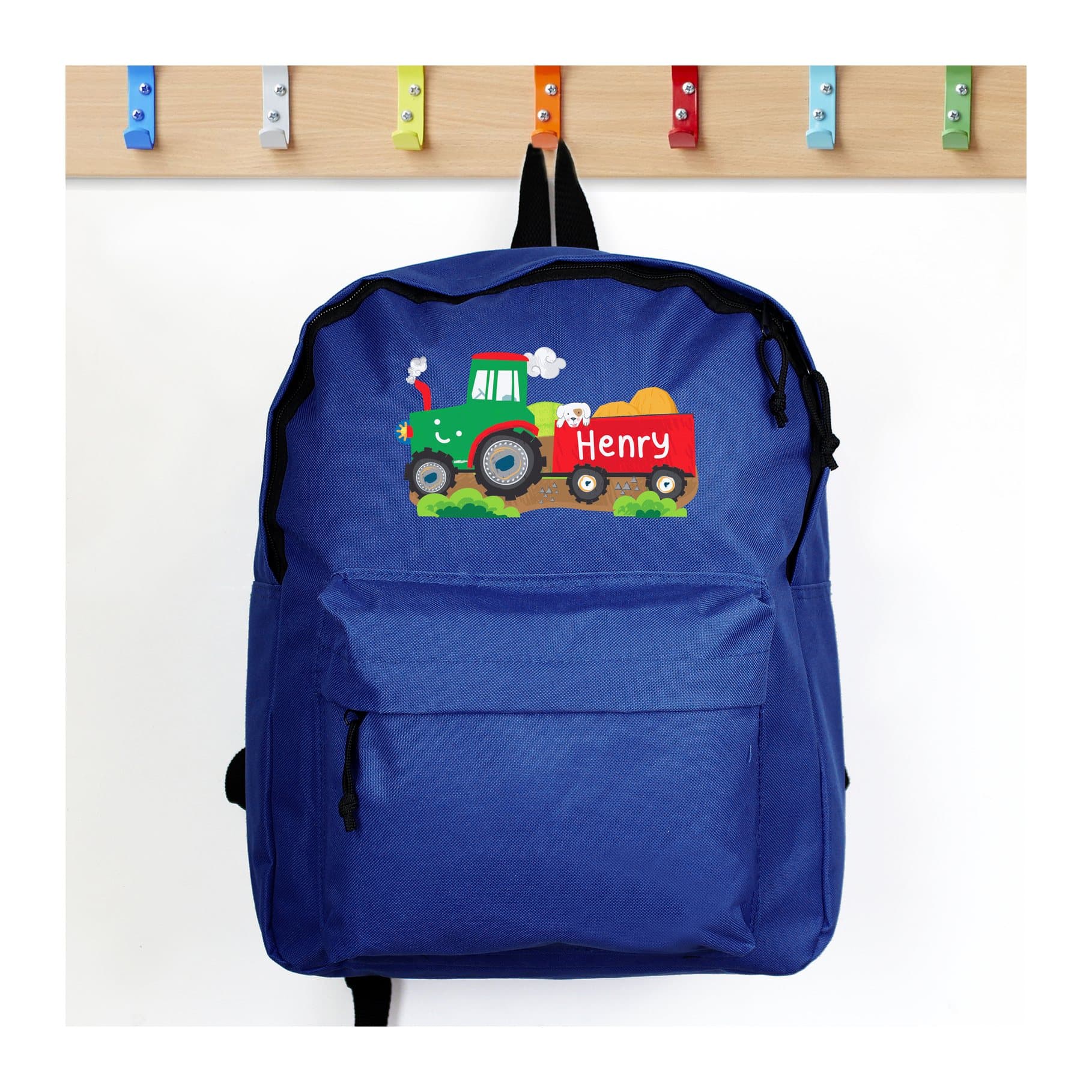 Blue tractor backpack with front zip pocket and padded straps