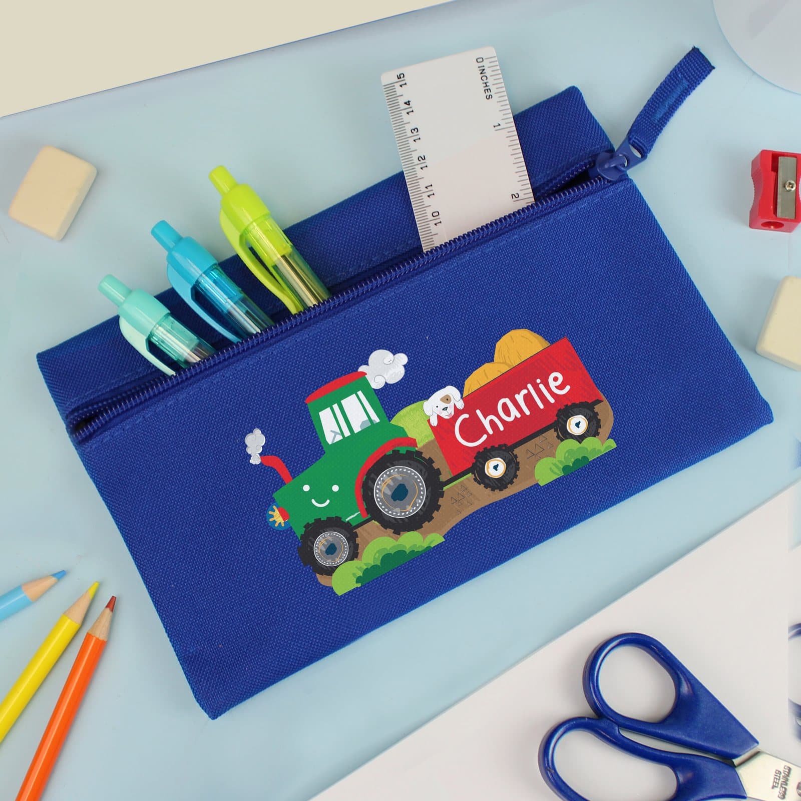 Blue tractor themed pencil case