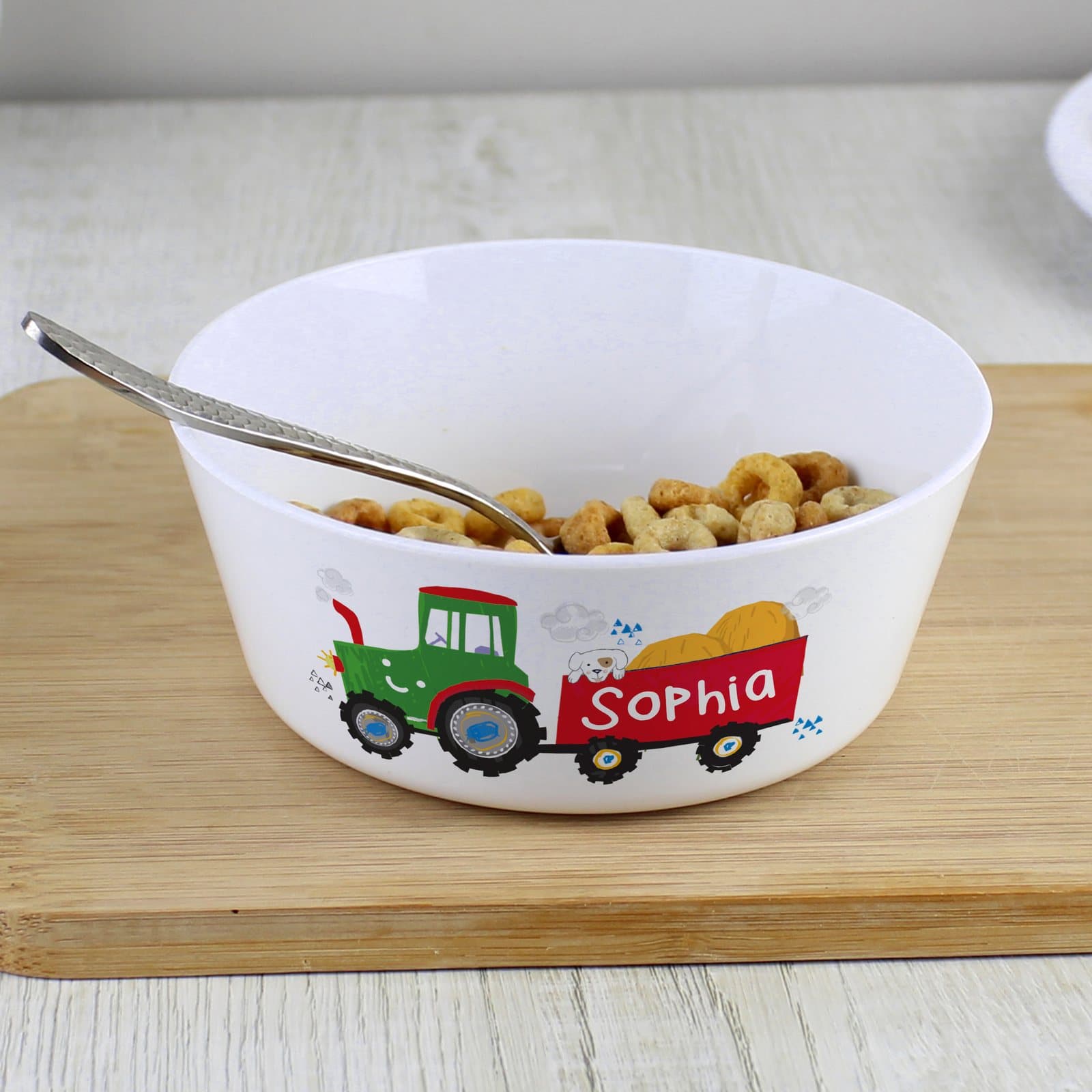 Plastic tractor design bowl personalised with a name