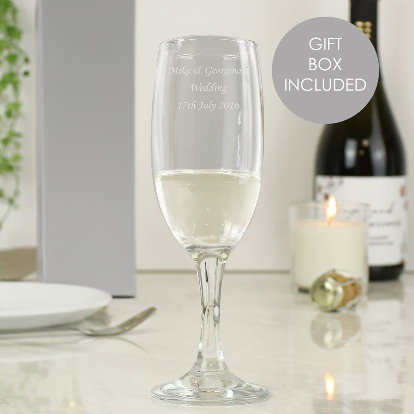 Personalised traditional toast champagne flute with three lines of text