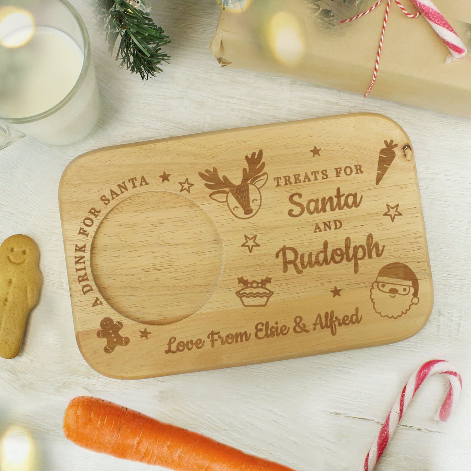 Wooden coaster tray with a circular drink groove and Treats for Santa design