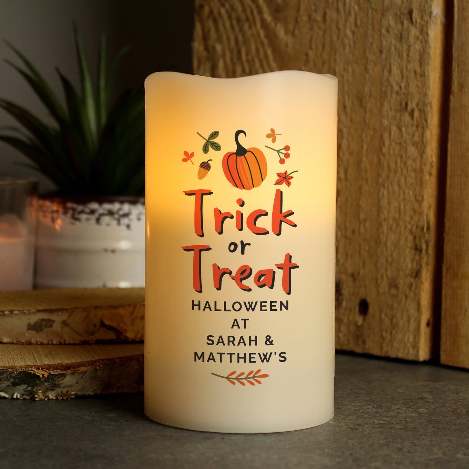 Personalised Trick or Treat LED candle in an organza bag