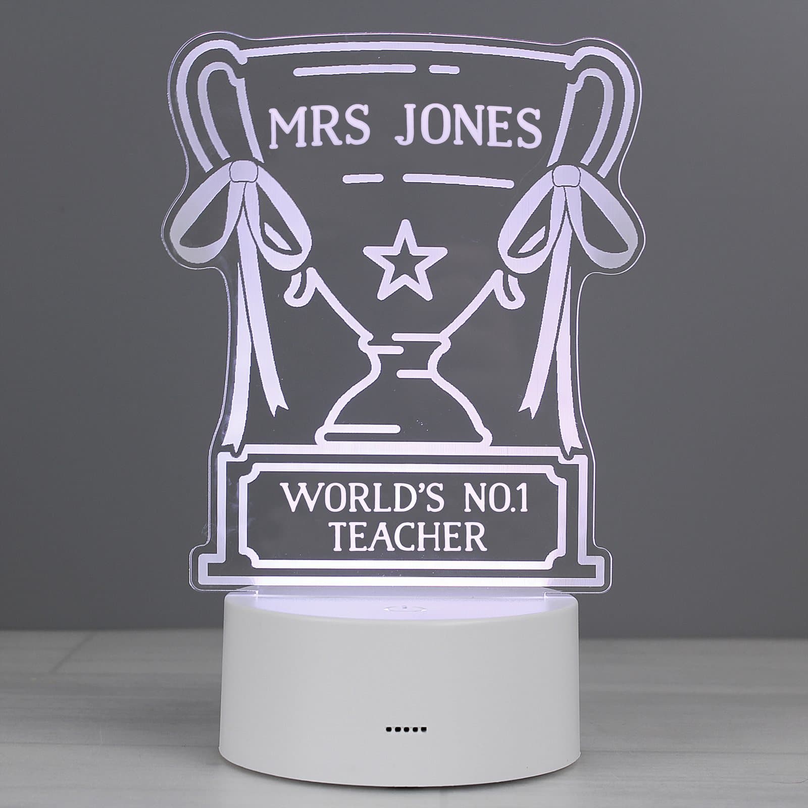 Acrylic trophy night light personalised with a name and message