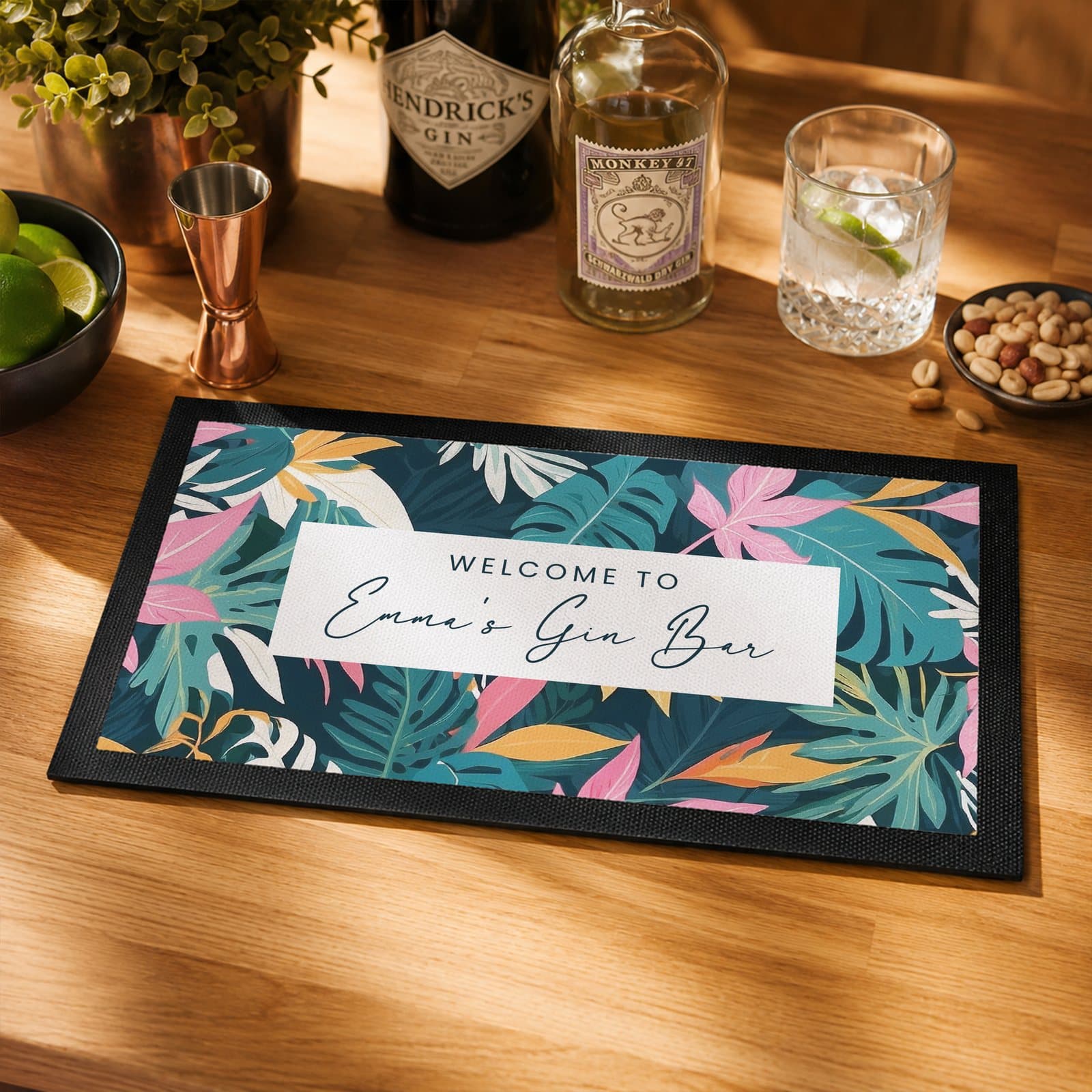 Personalised tropical bar mat with two lines of text