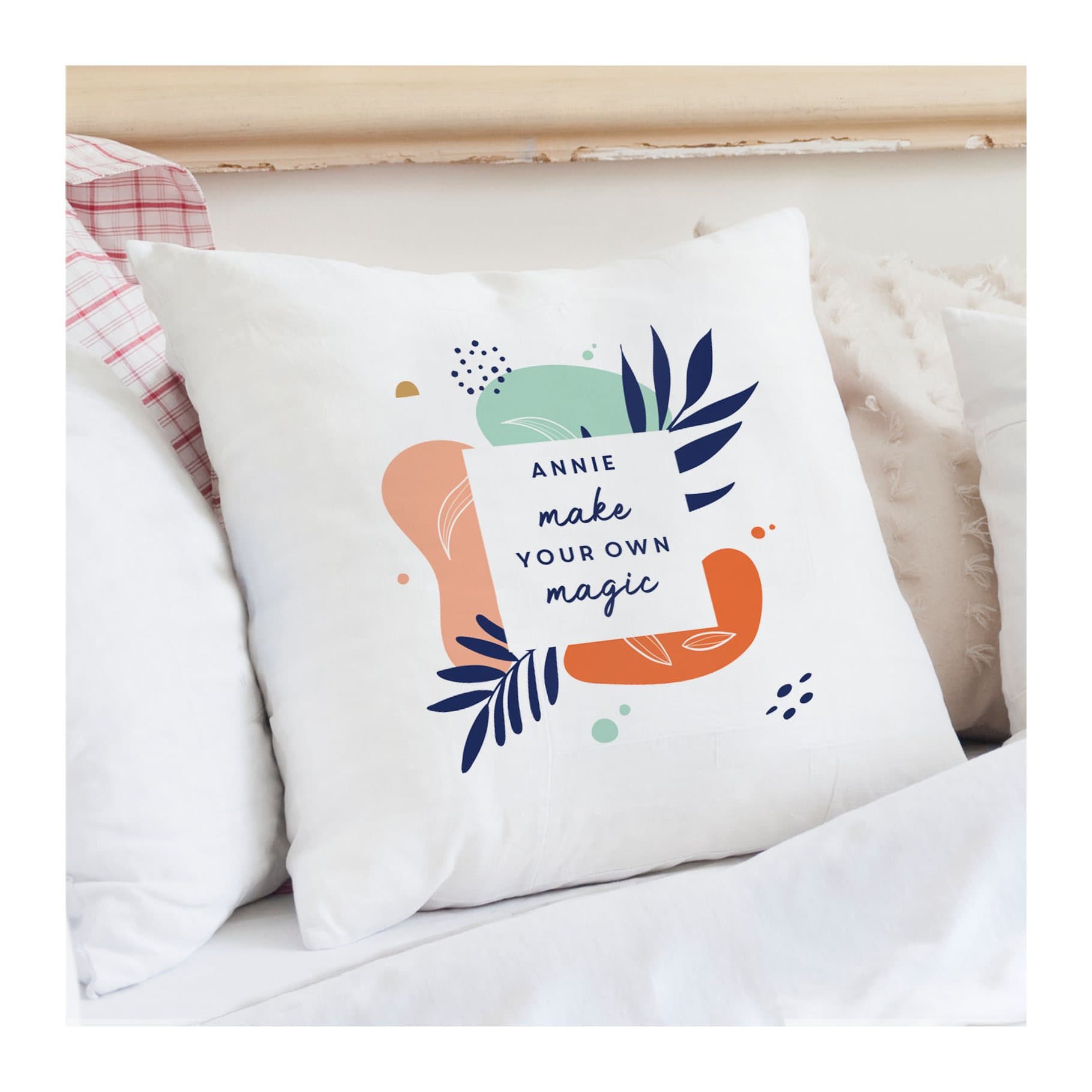 Tropical cushion with a name above the quote make your own magic