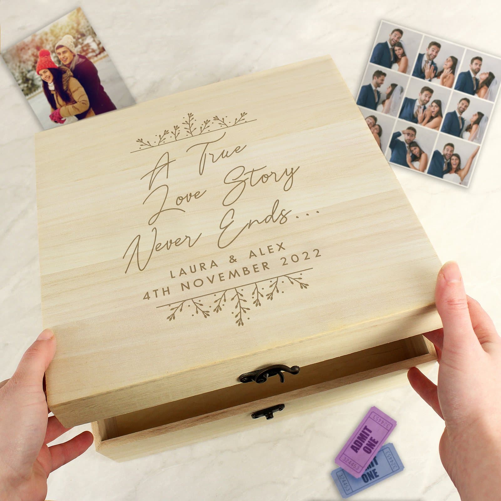 Hinged wooden keepsake box with 'A True Love Story Never Ends' and engraved message