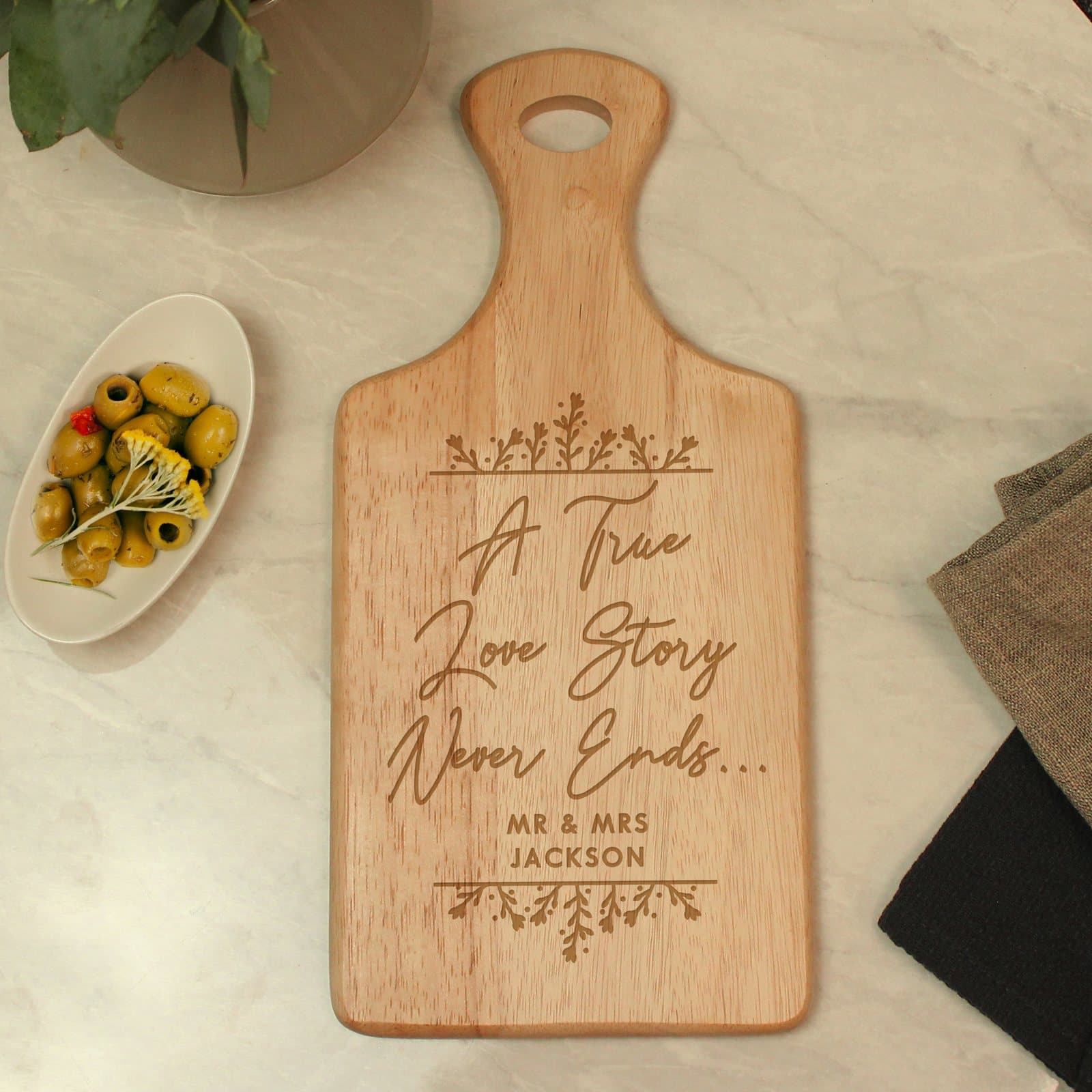 Hevea wood paddle board with True Love Story phrase and engraved message