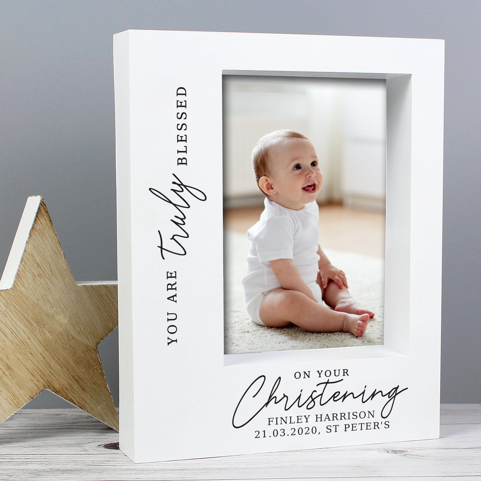 Truly Blessed christening 5x7 box photo frame with a personalised message