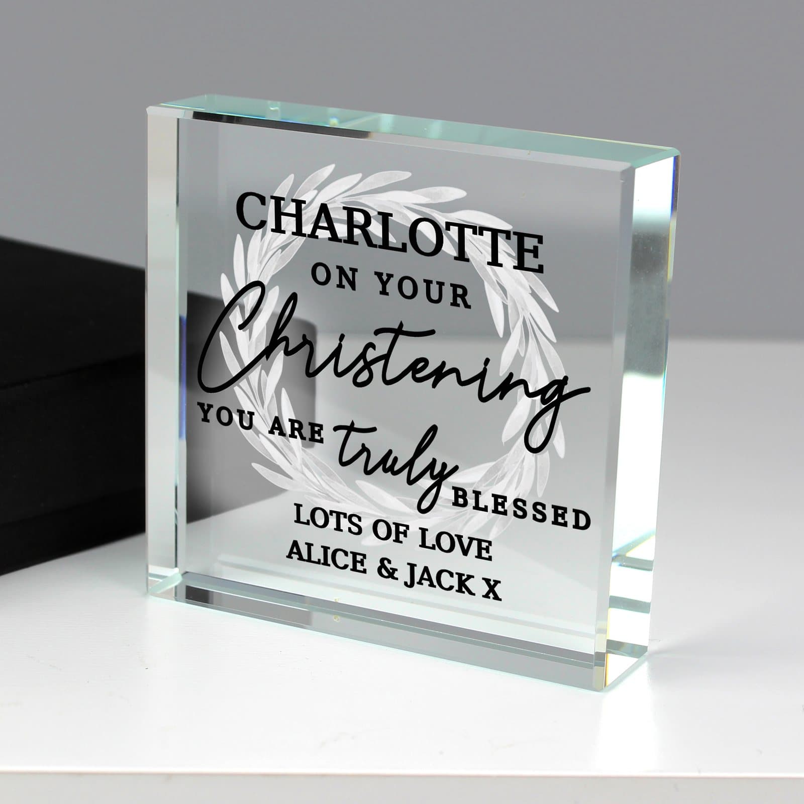 Crystal christening token with 'On your Christening you are truly blessed' message